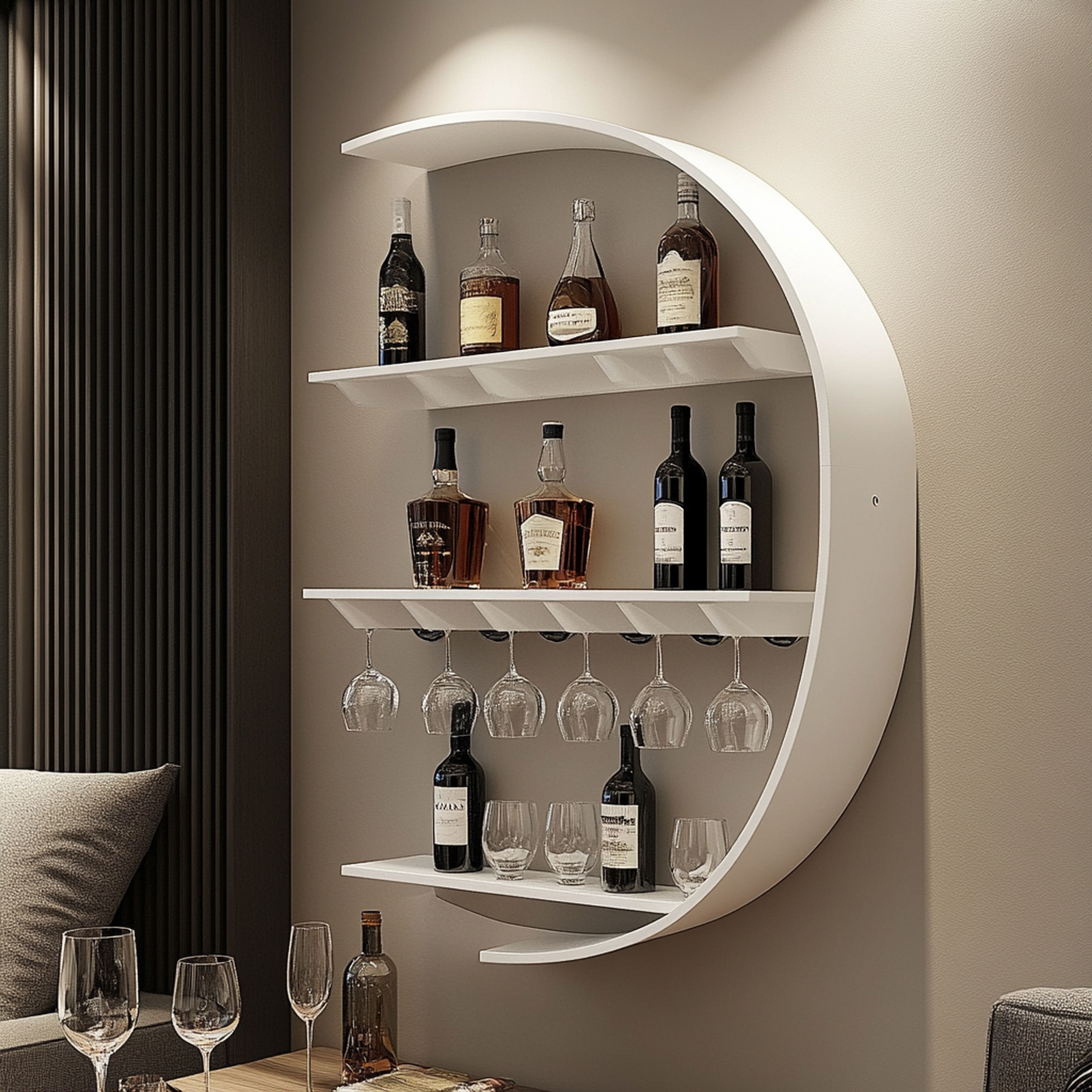 Modern Home Bar Design with Open Glass Storage