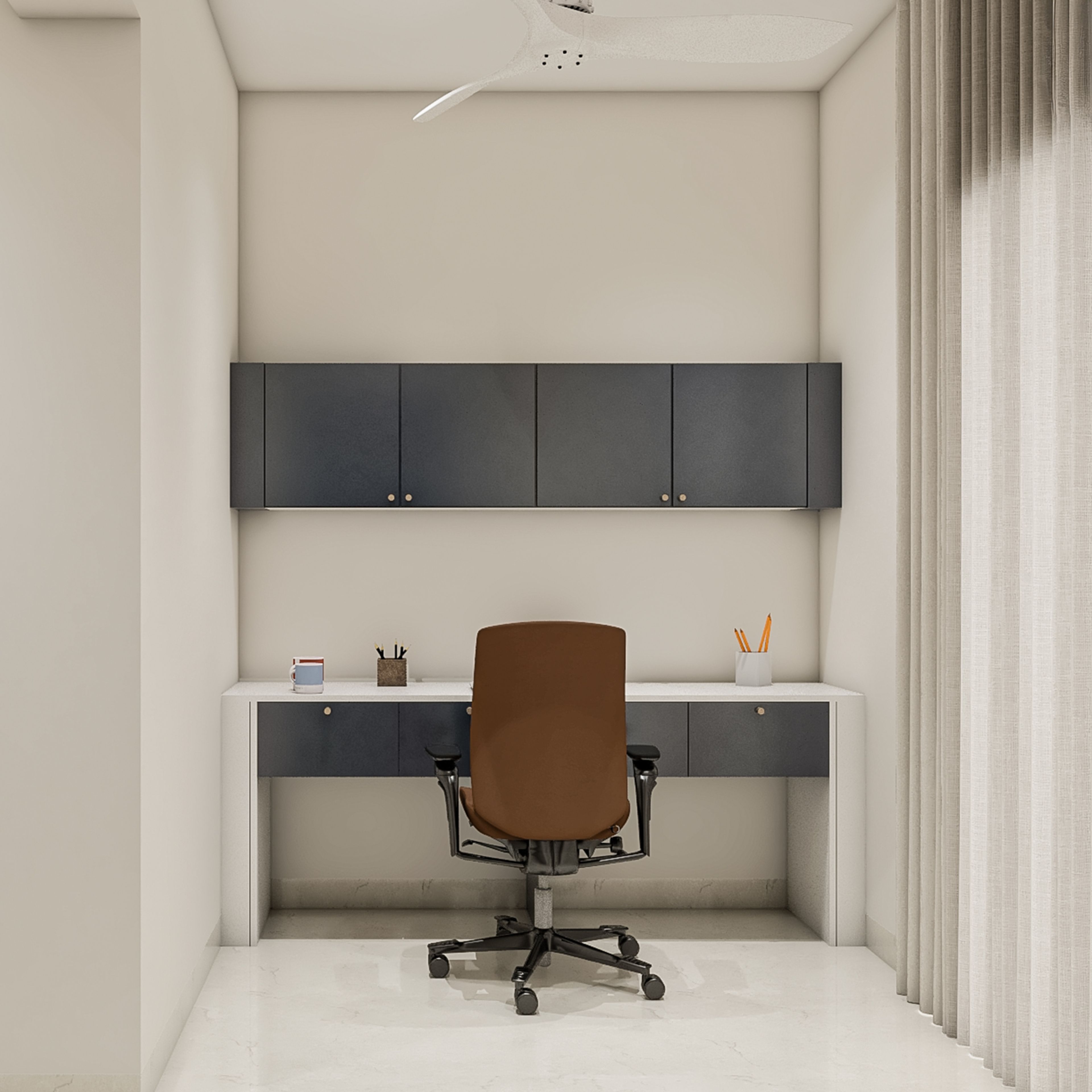 Modern Home Office Design with White Desk and Dark Gray Cabinets
