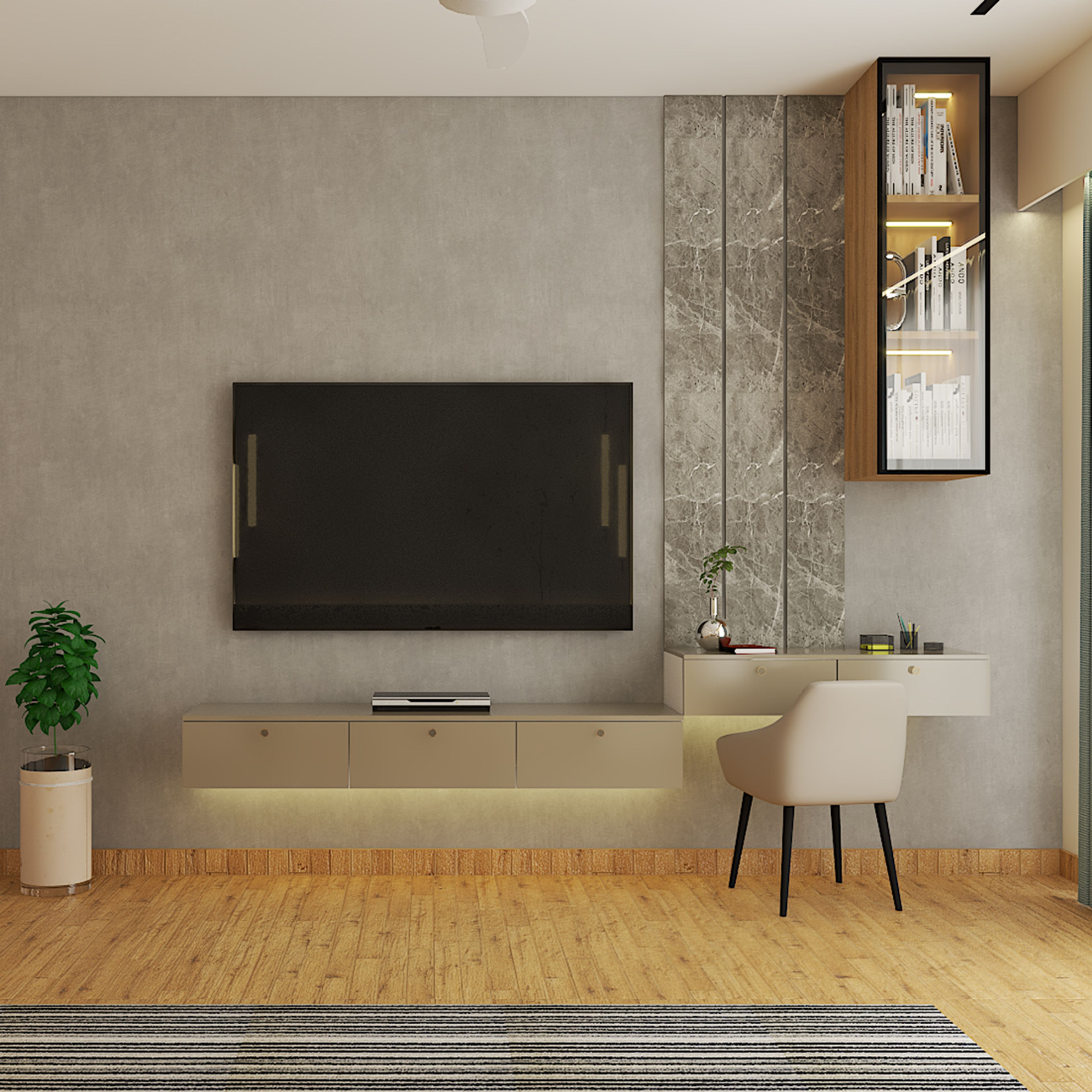 Home Office Design with Glass Cabinet and Marble Cladded Wall