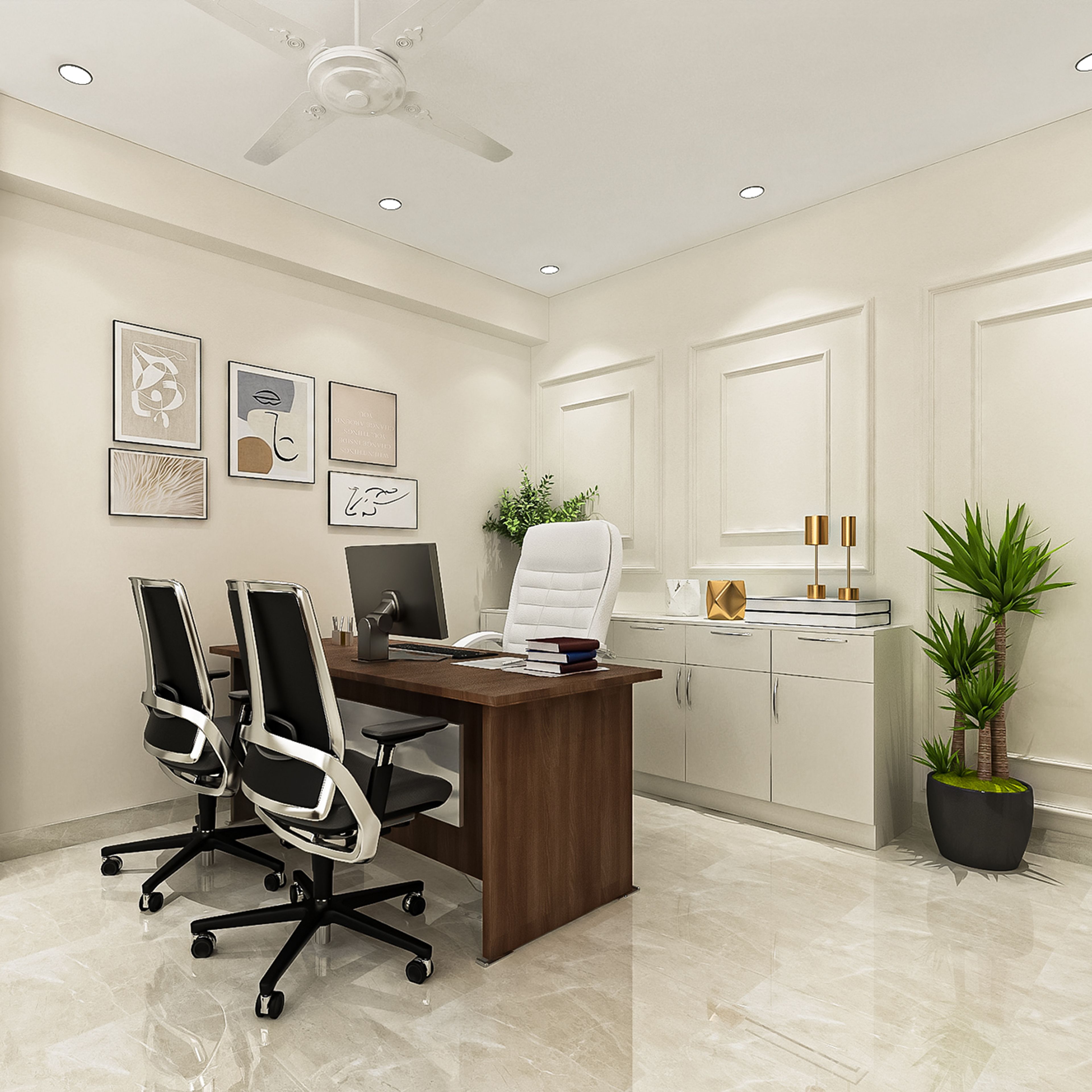 Home Office Design with Dark Wood Desk and Art Gallery