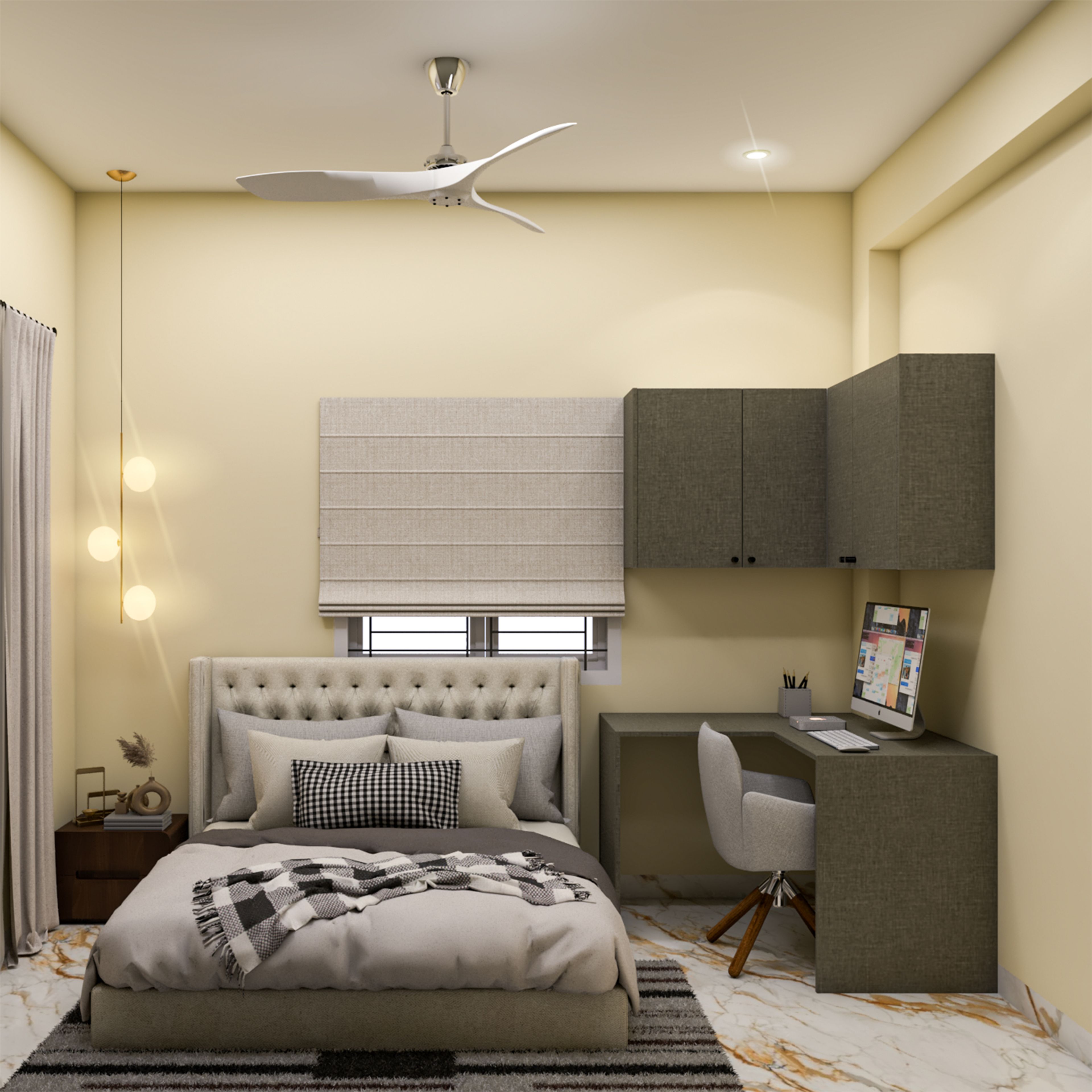 Home Office Design with L Shaped Desk and Pendant Lights