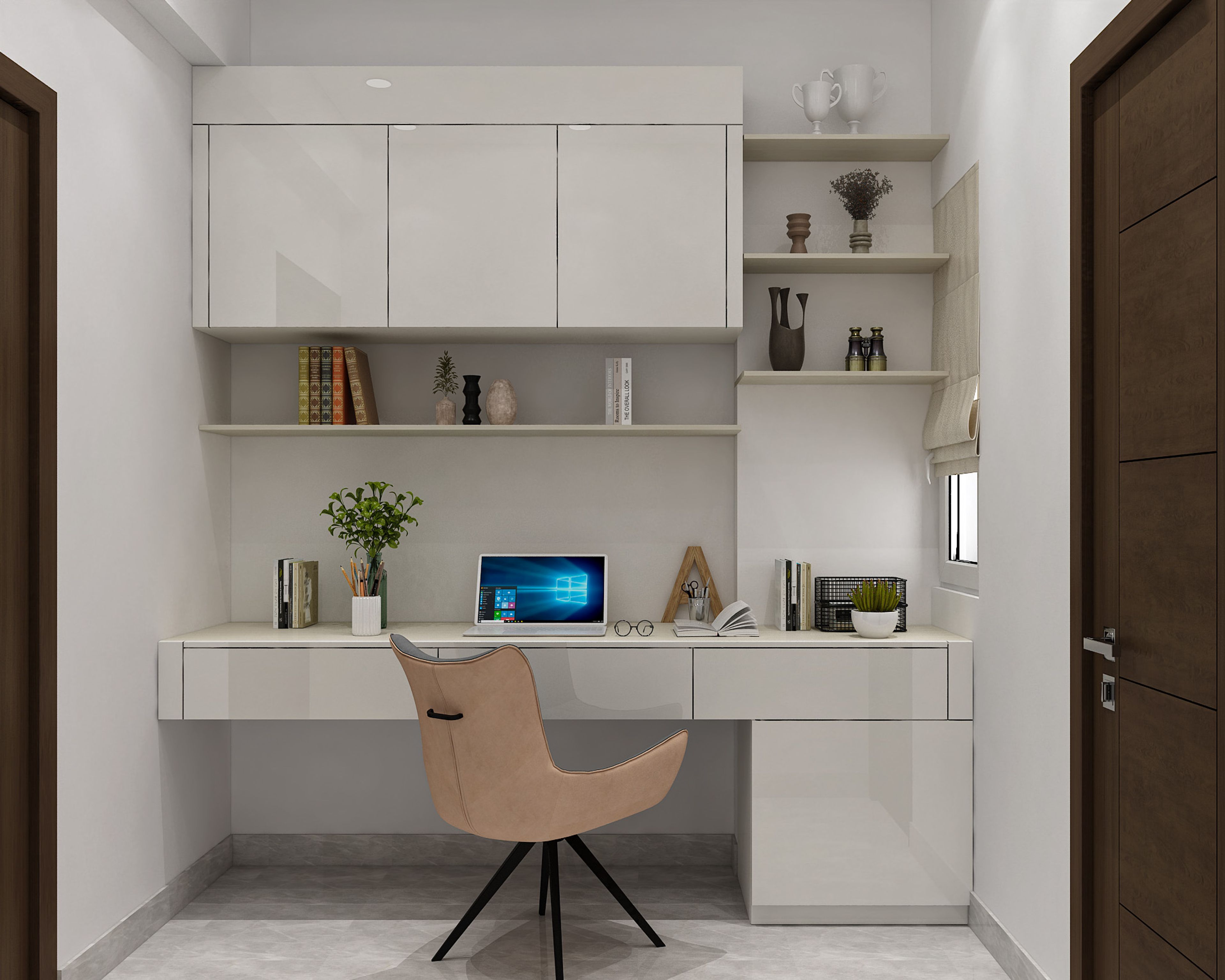 Minimal Home Office Design in White and Acacia Tones