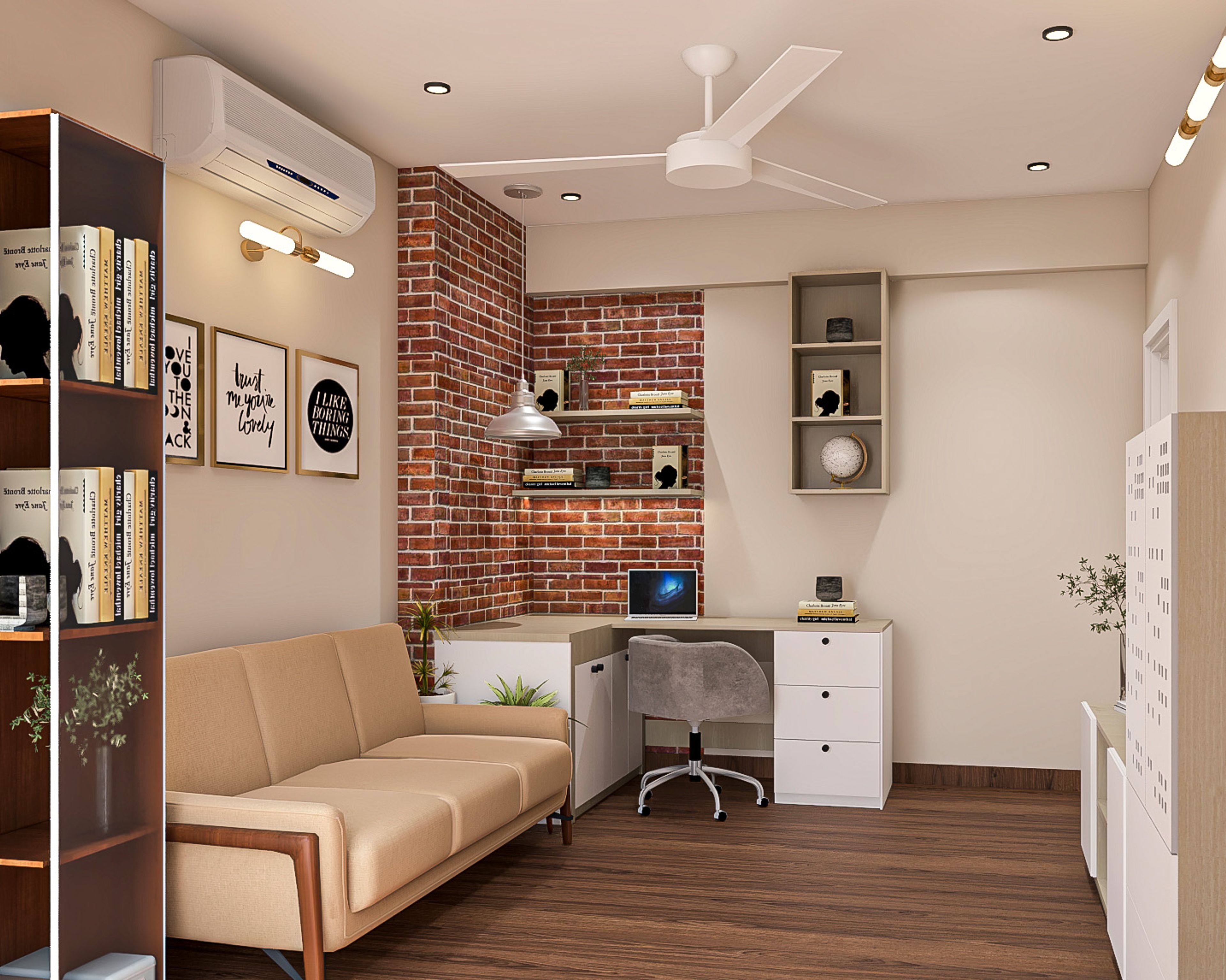 White and Acacia Modern Home Office Design with Open Shelves