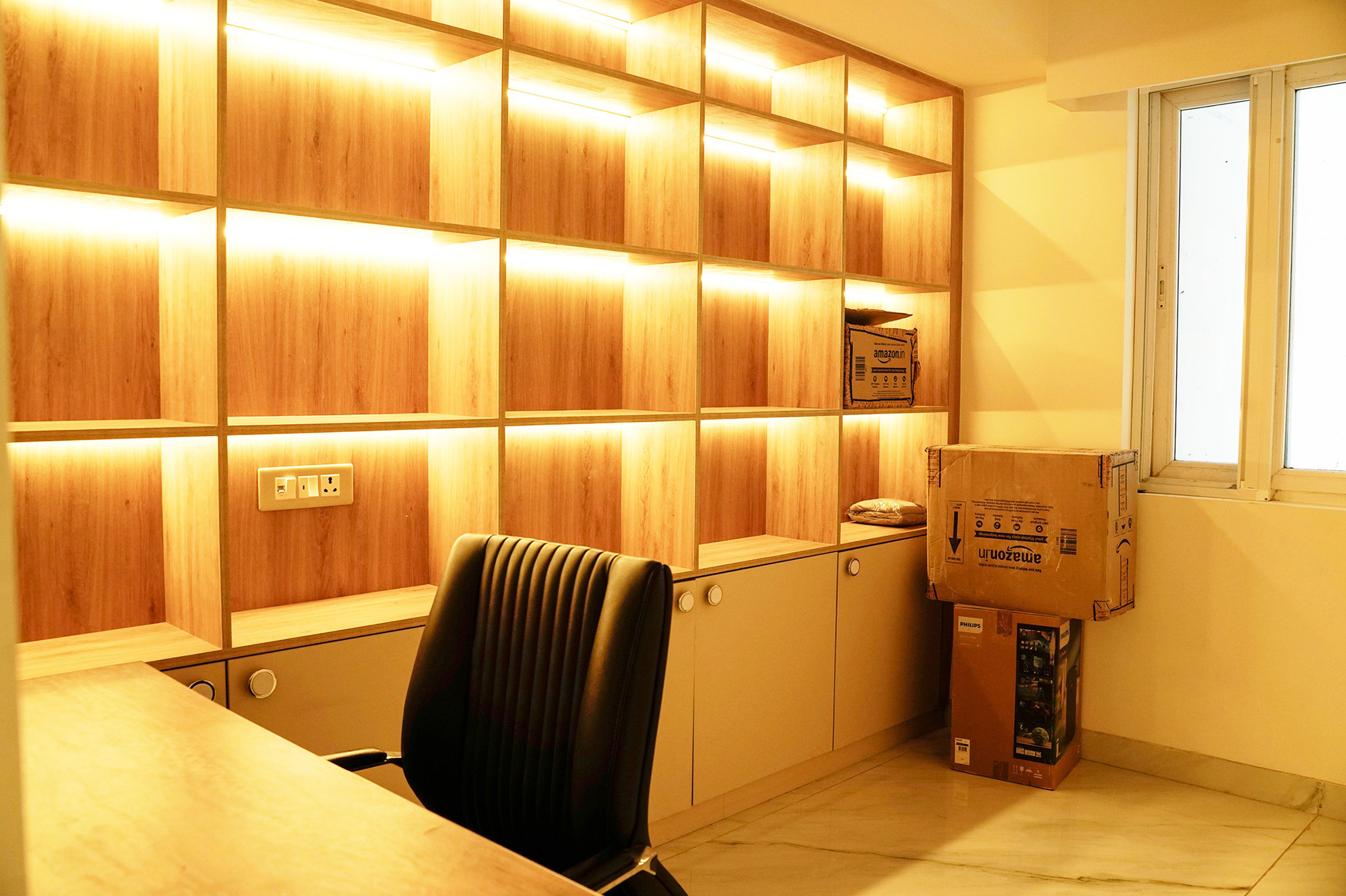 Contemporary Home Office Design with L-Shaped Desk and Storage Wall