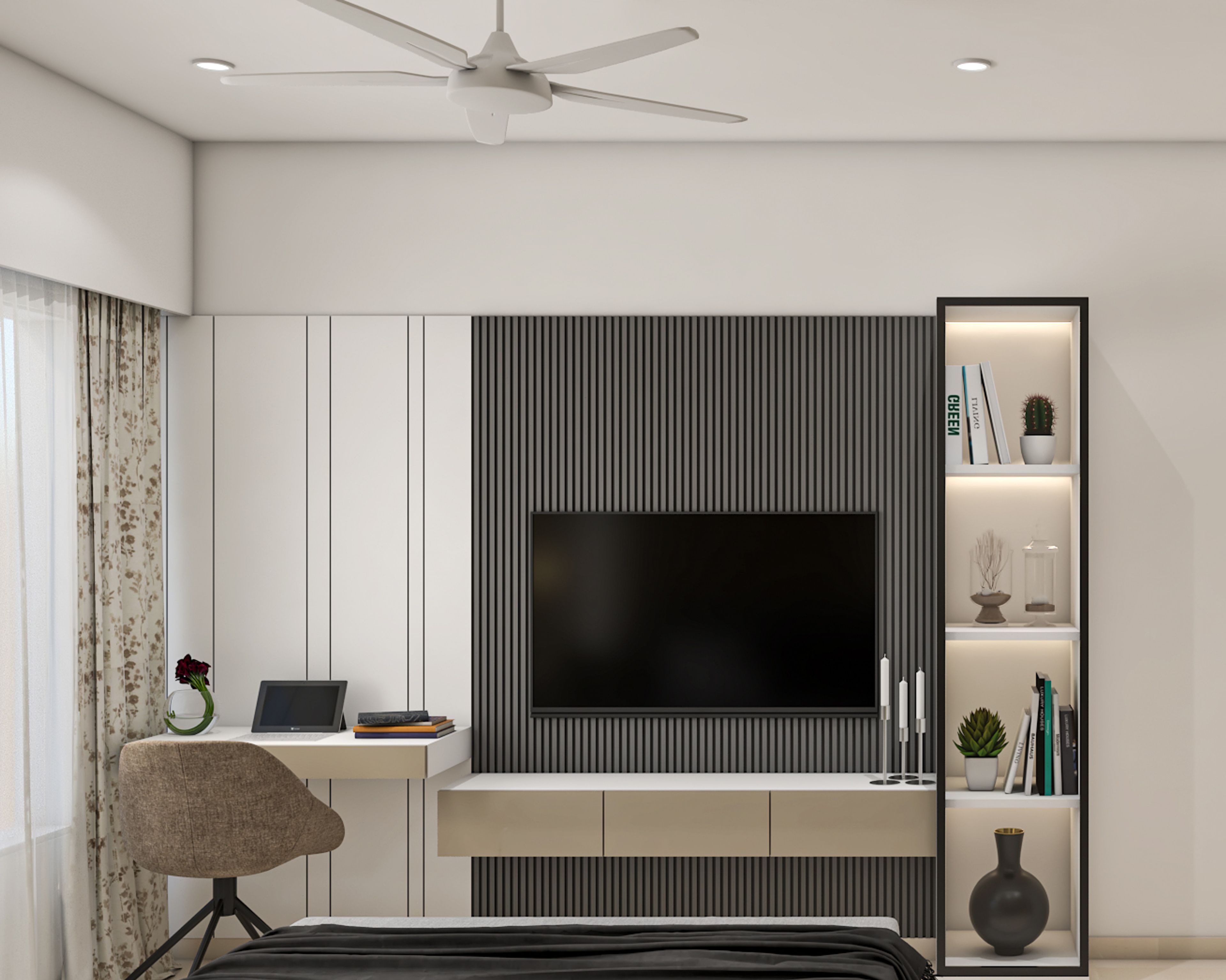 Grey Contemporary Home Office Design With Floating Desk