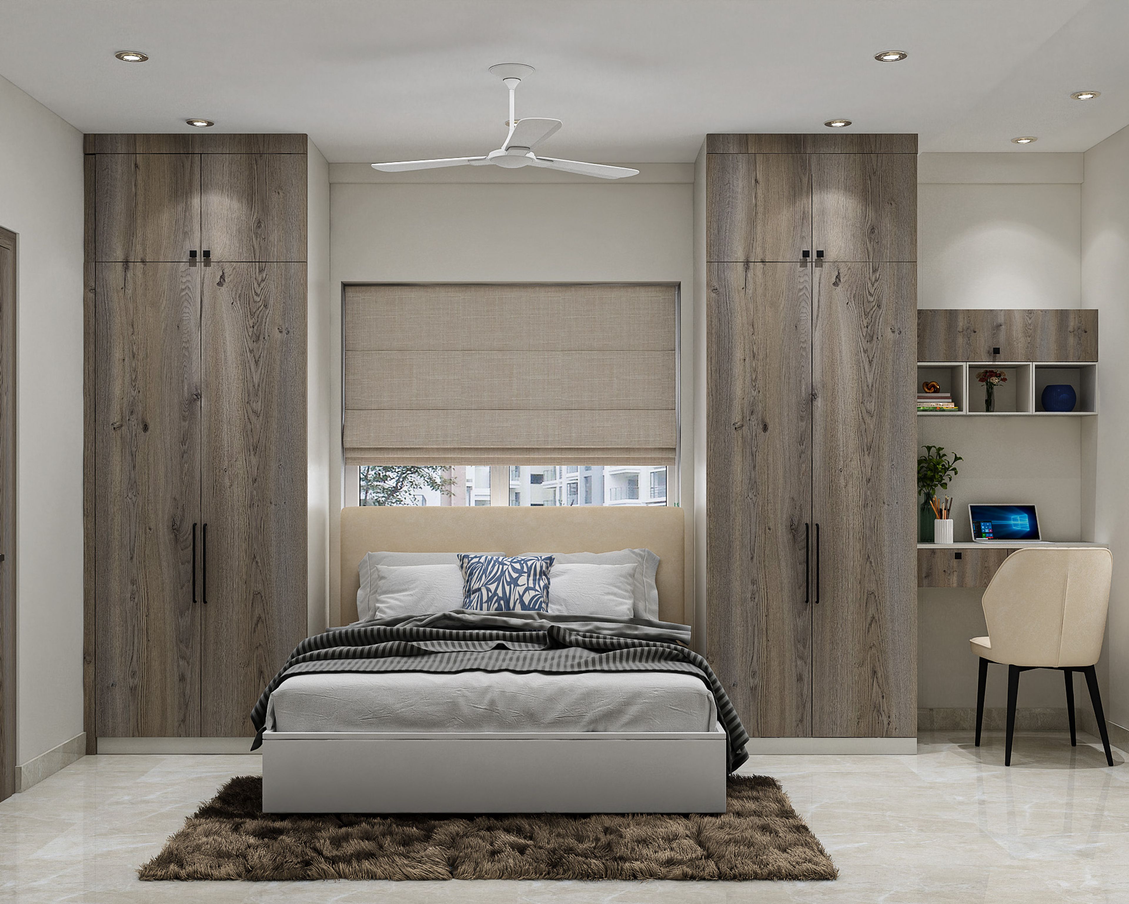 Modern Kids Bedroom Design With Wardrobes and Floating Desk