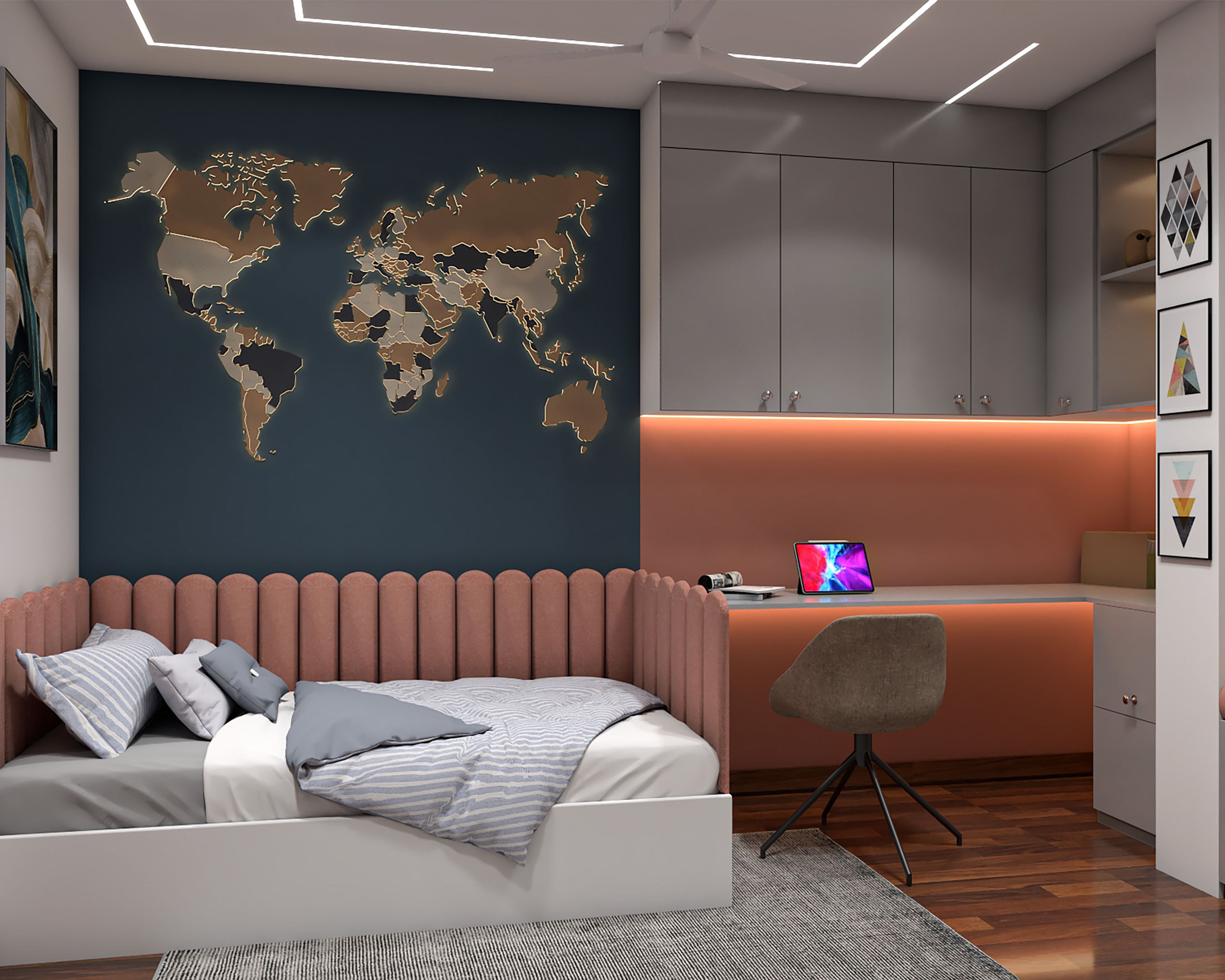 Modern Kids Bedroom Design With Cushioned Bench and World Map