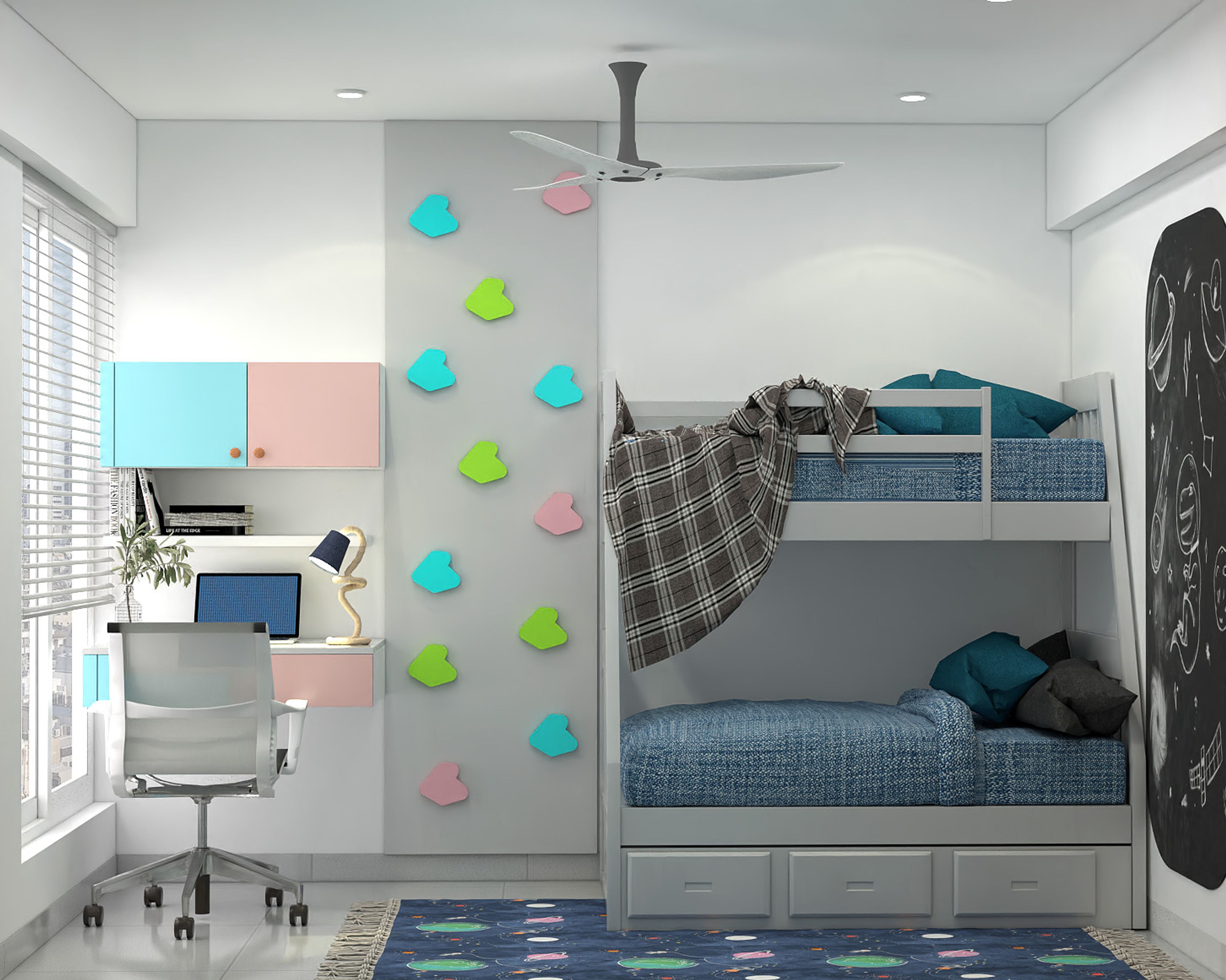 Modern Kids Bedroom Design With Bunk Bed and Map Wall