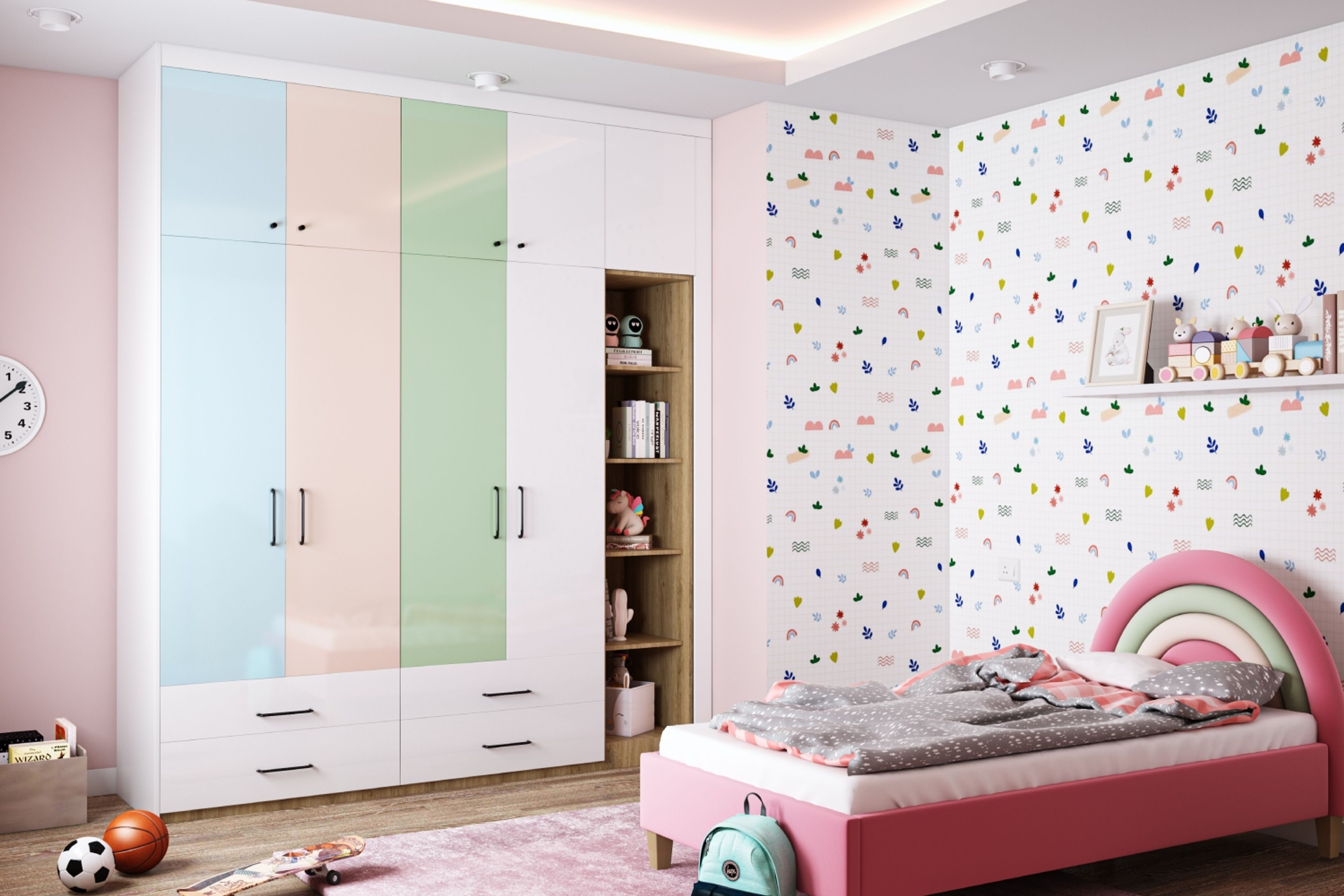 Modern Kids Bedroom Design with Colourful Grid-Style Pattern Wall
