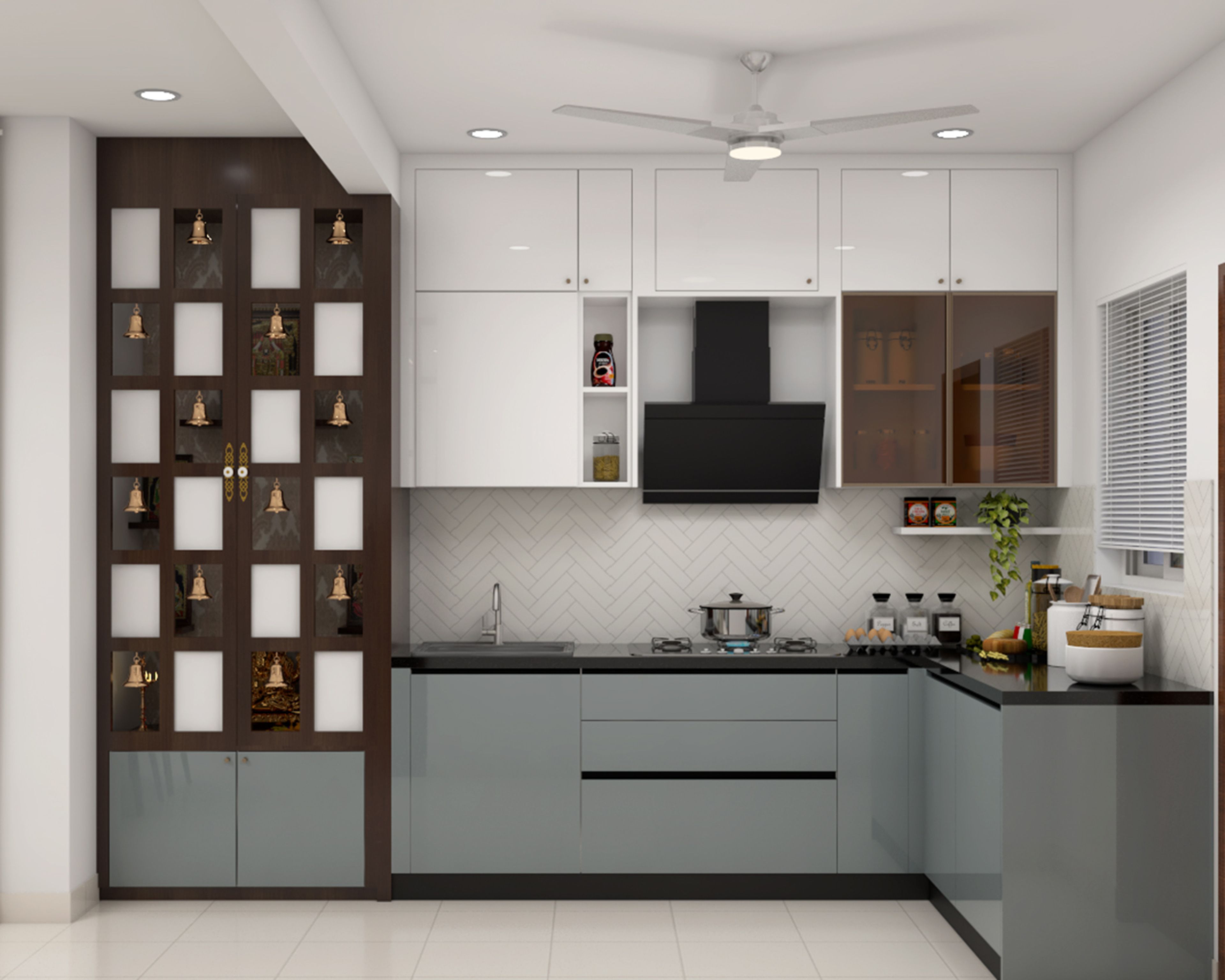 Modern L-Shaped Kitchen Design With Herringbone Backsplash and Glossy Finish