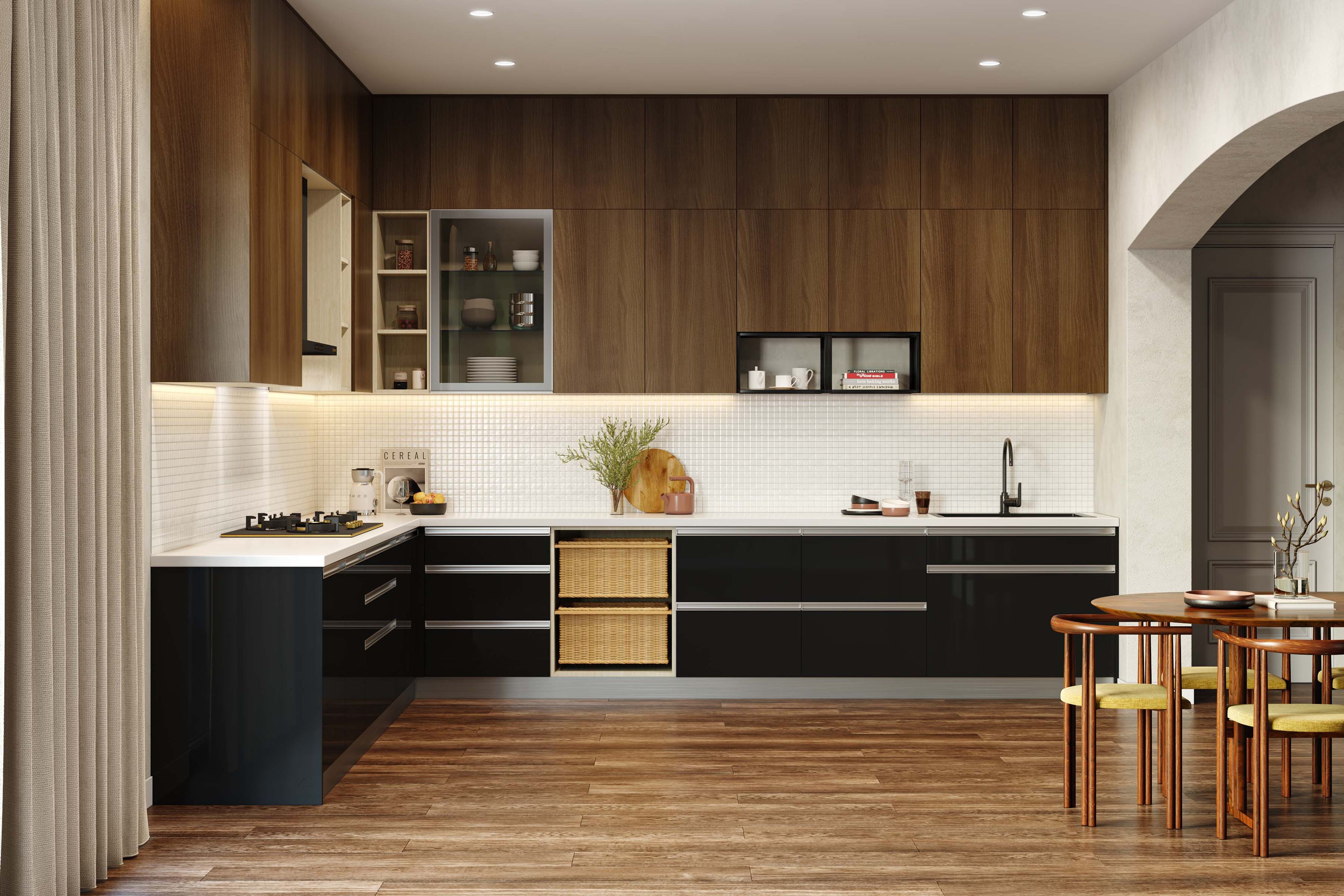 Modern L-Shaped Kitchen Design with Peninsula in Walnut and Black