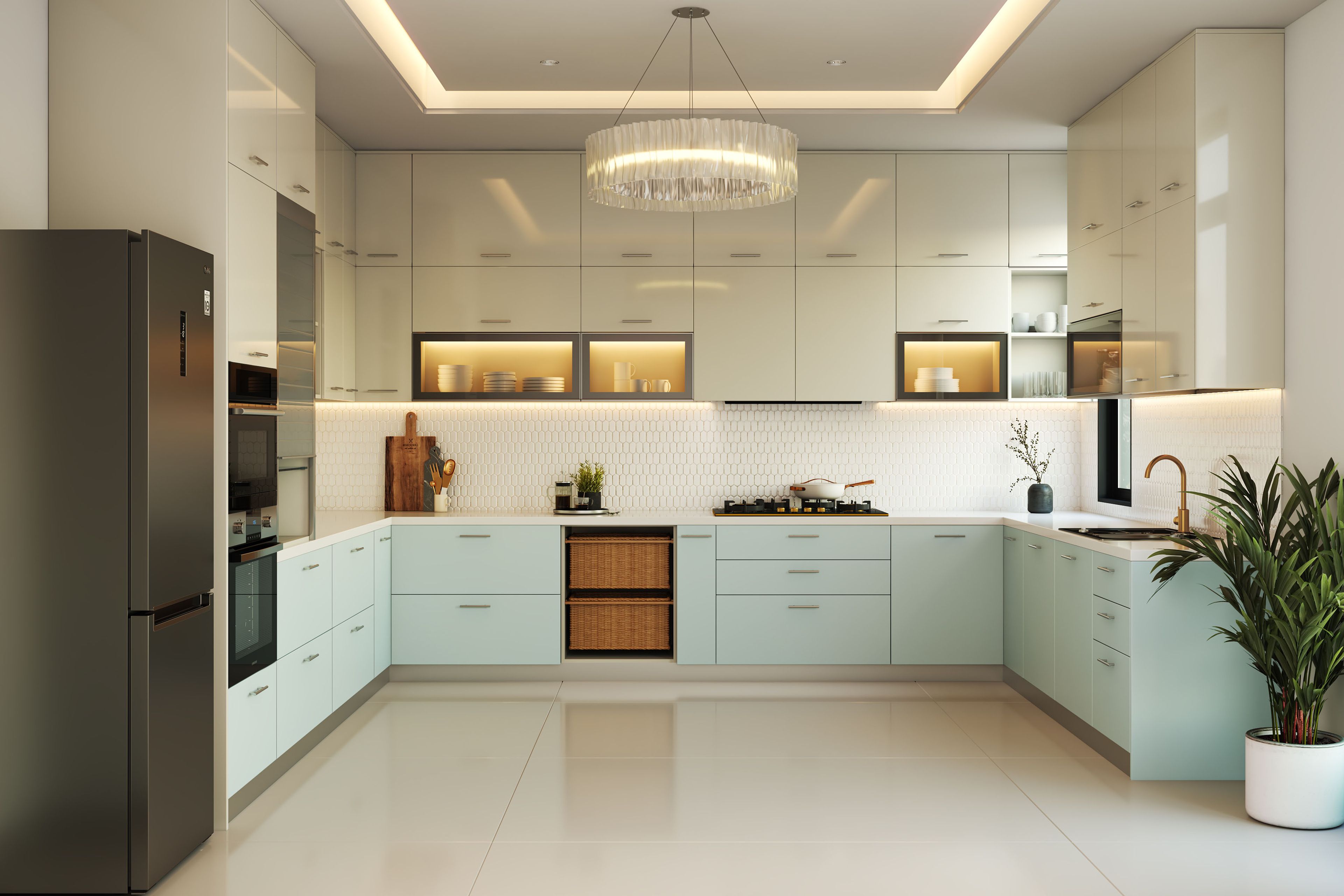 Modern U-Shaped Kitchen Design in Celestial Blue and Champagne
