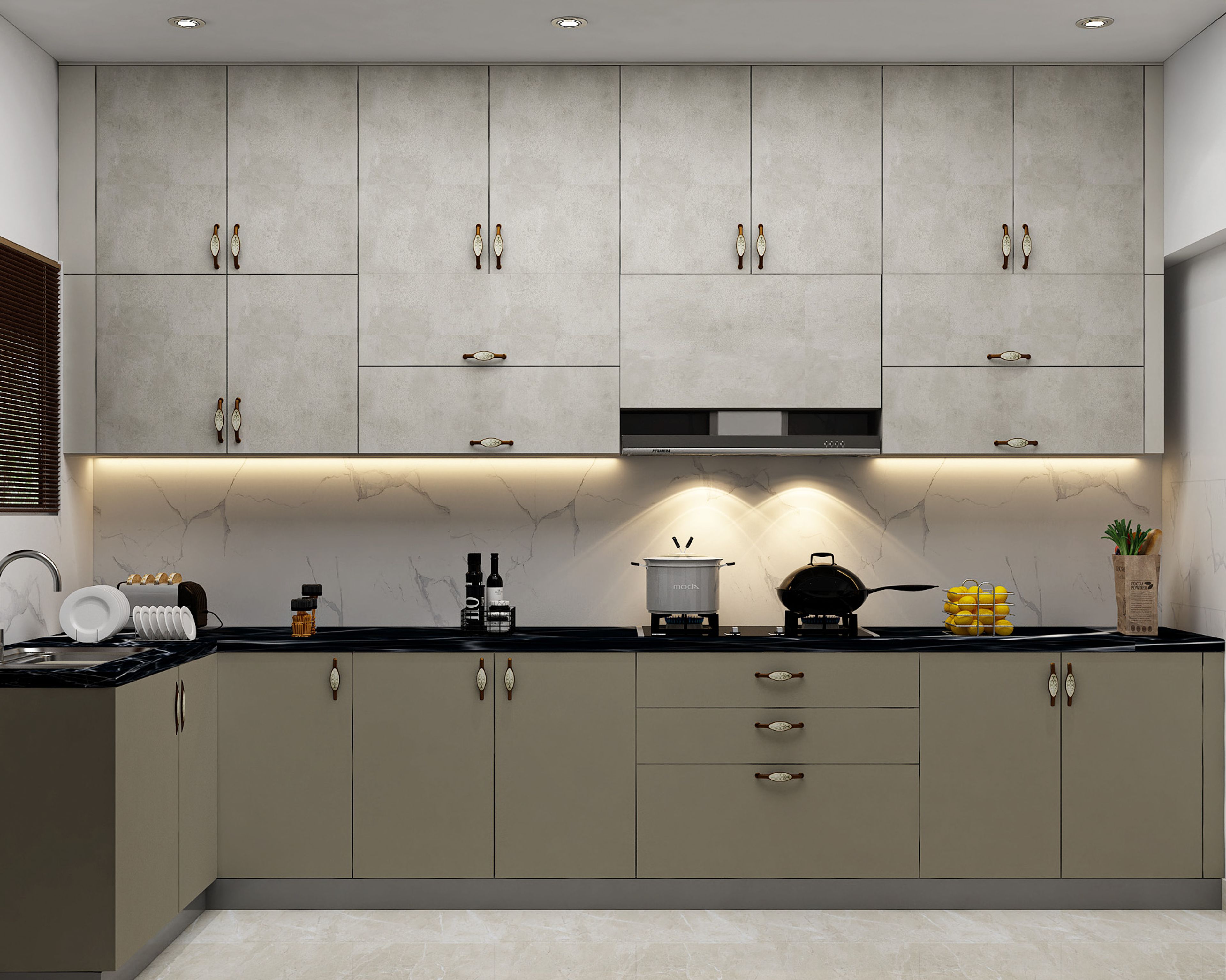 Transitional L-Shaped Kitchen Design with Autumn Leaf and Concrete Finishes