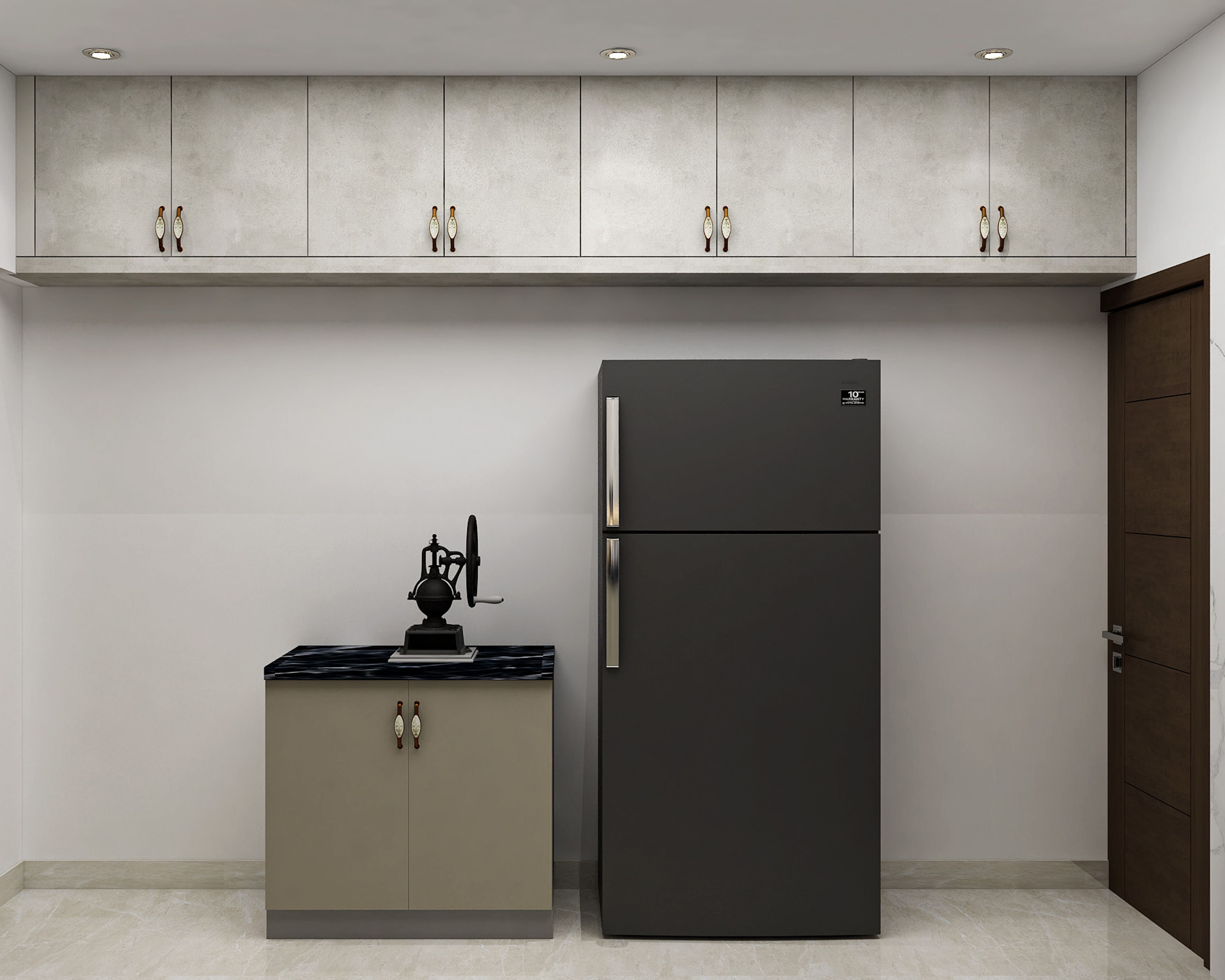 L-Shaped Kitchen Design with Autumn Leaf and Concrete Finishes