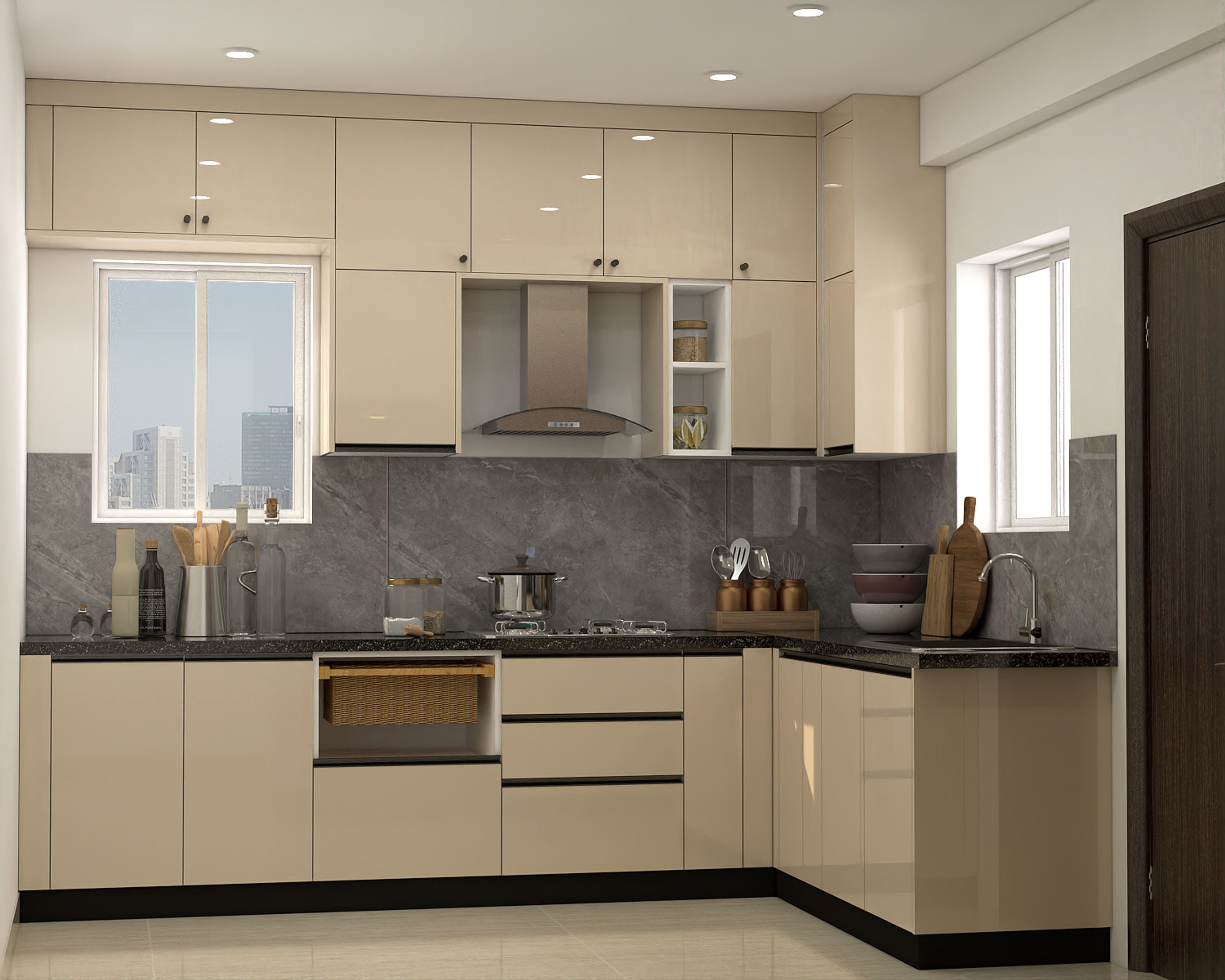 L-Shaped Kitchen Design with Blossom Mangolia and Granite Countertops