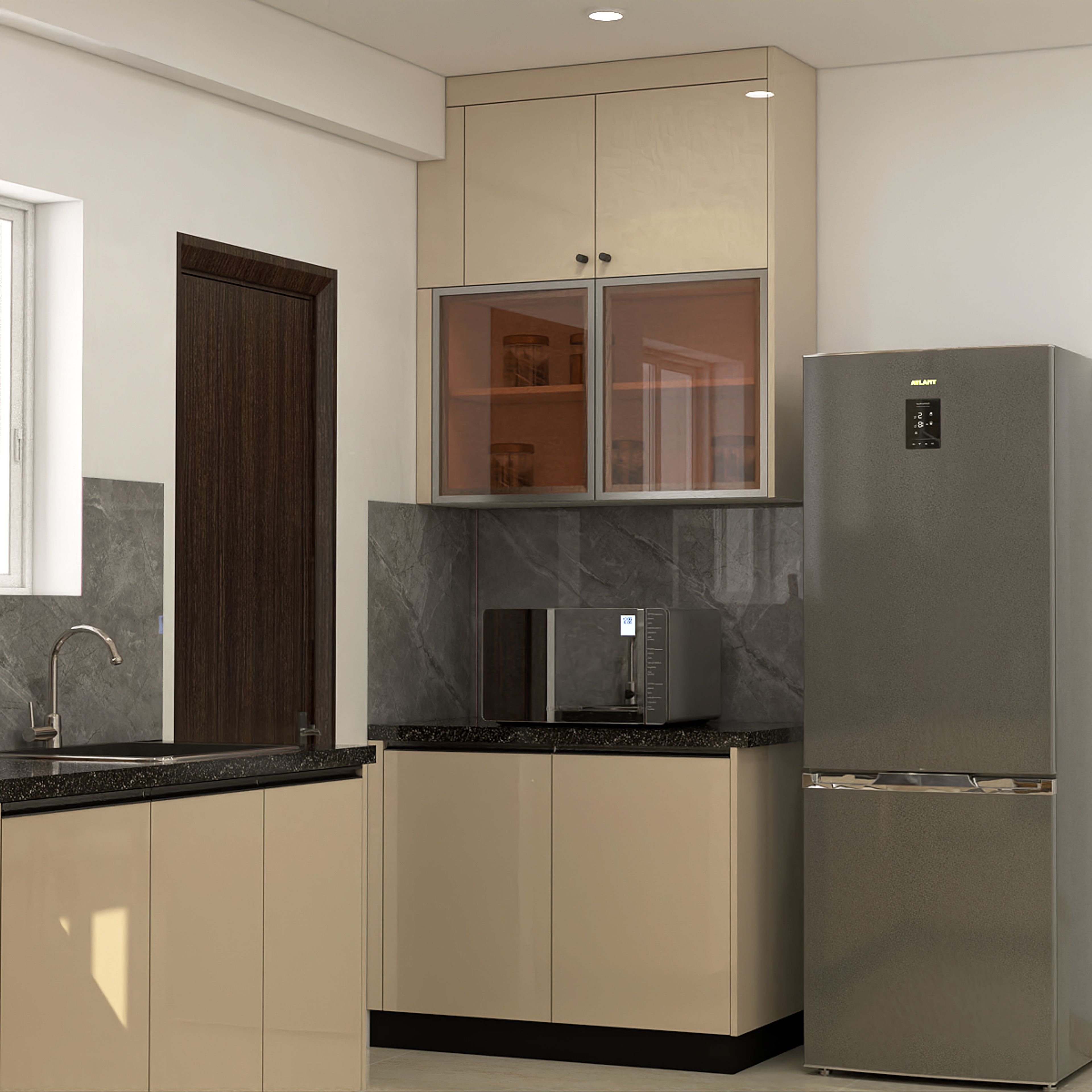 L-Shaped Kitchen Design with Blossom Mangolia and Granite Countertops