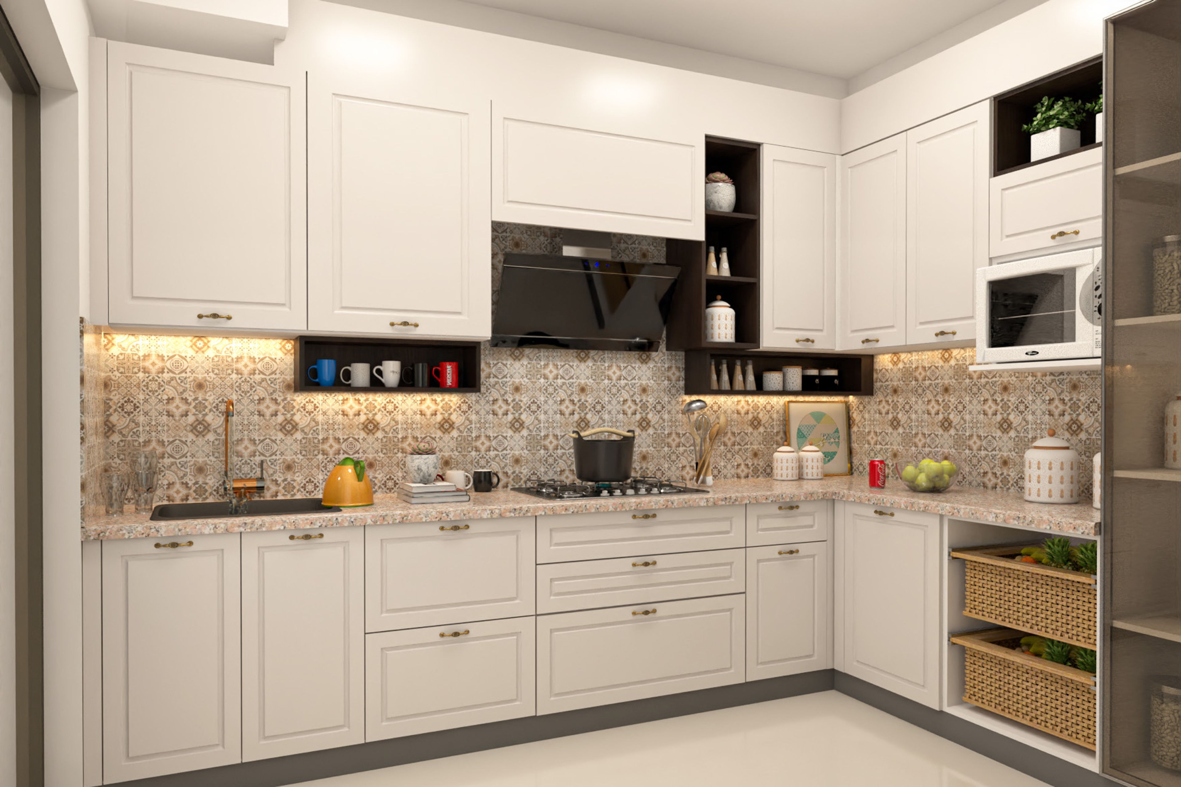 Classic L-Shaped Kitchen Design with Matte Off White Cabinets and Quartz