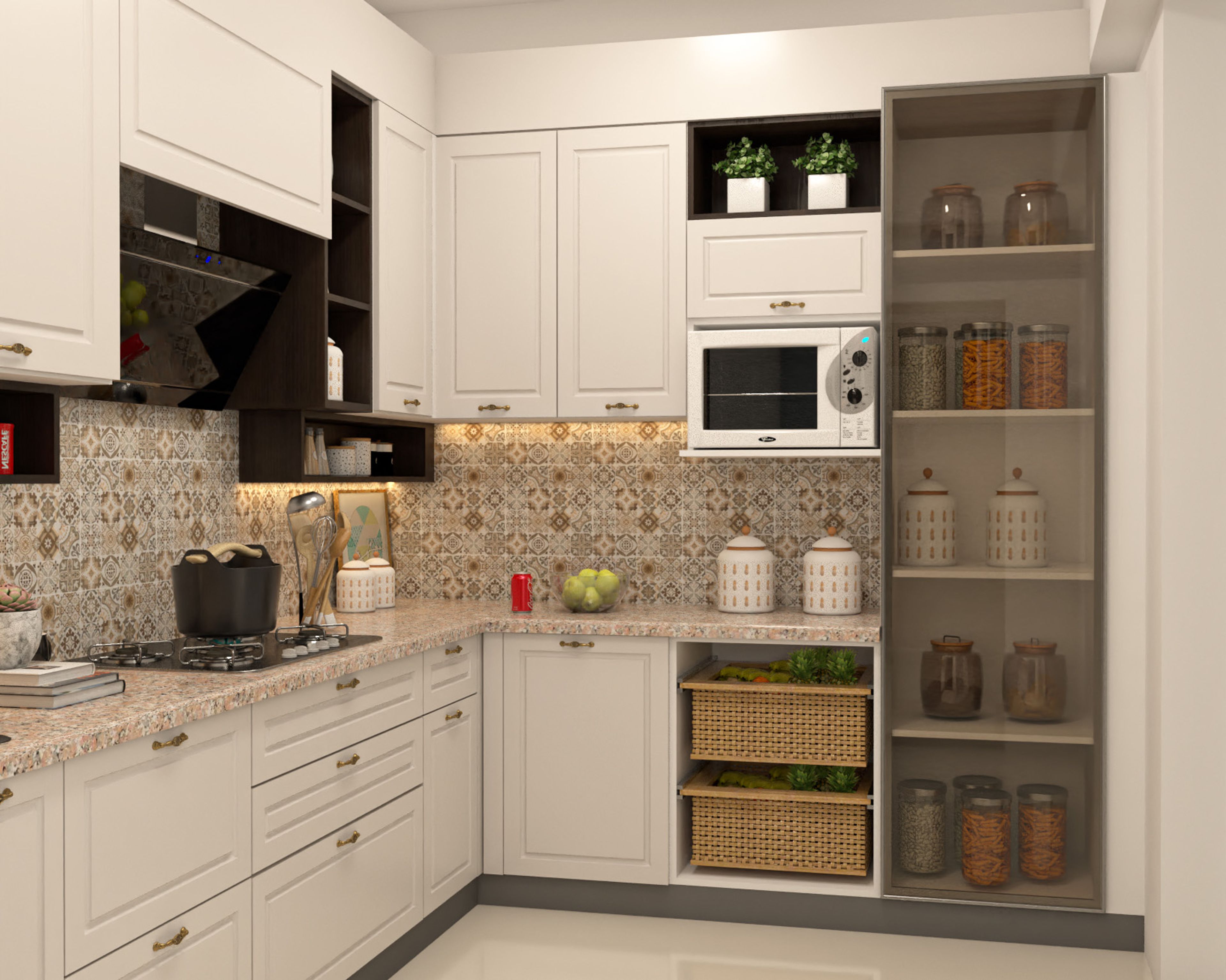 L-Shaped Kitchen Design with Matte Off White Cabinets and Quartz