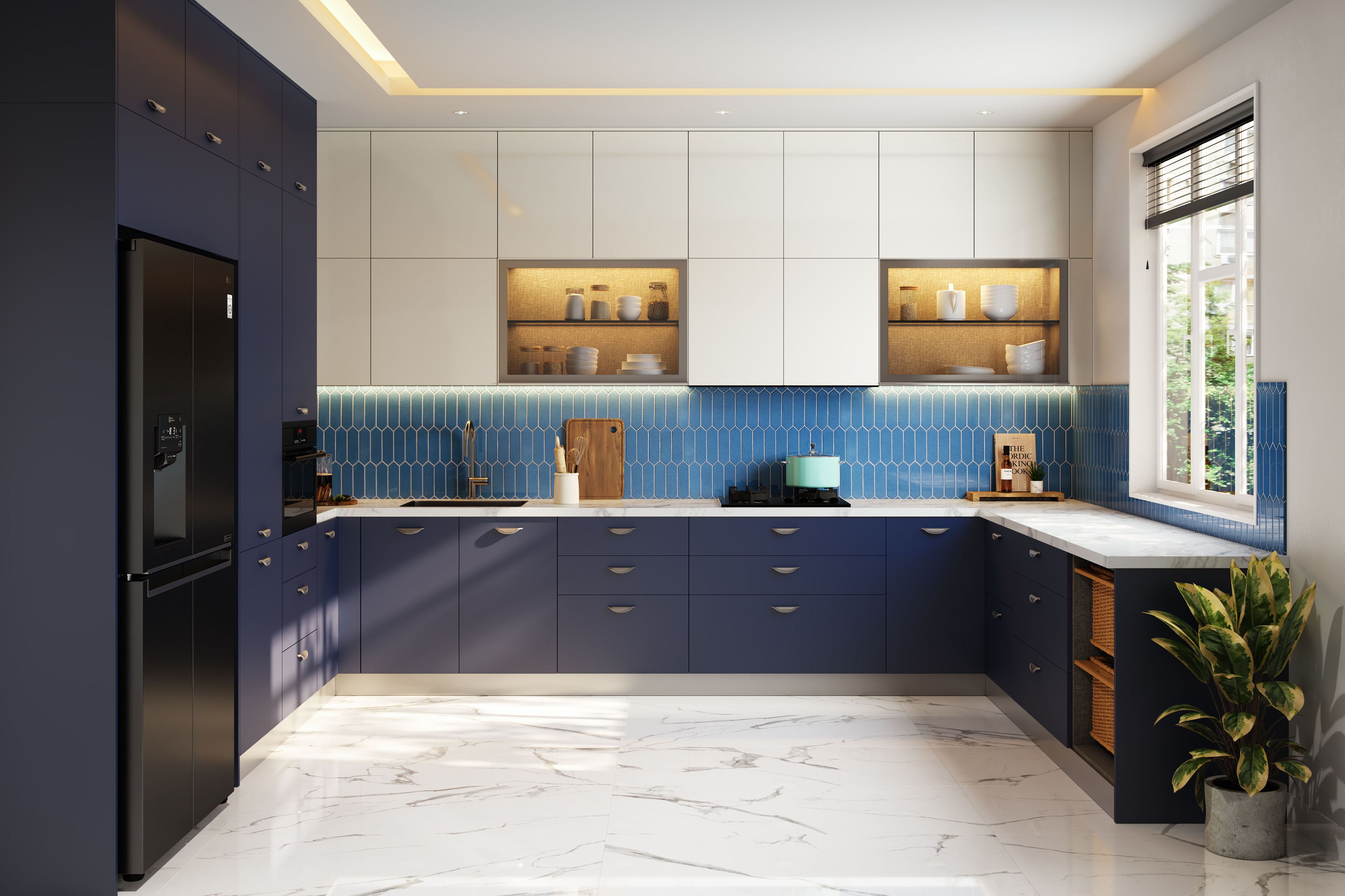 Contemporary U-Shaped Kitchen Design in Blue and White