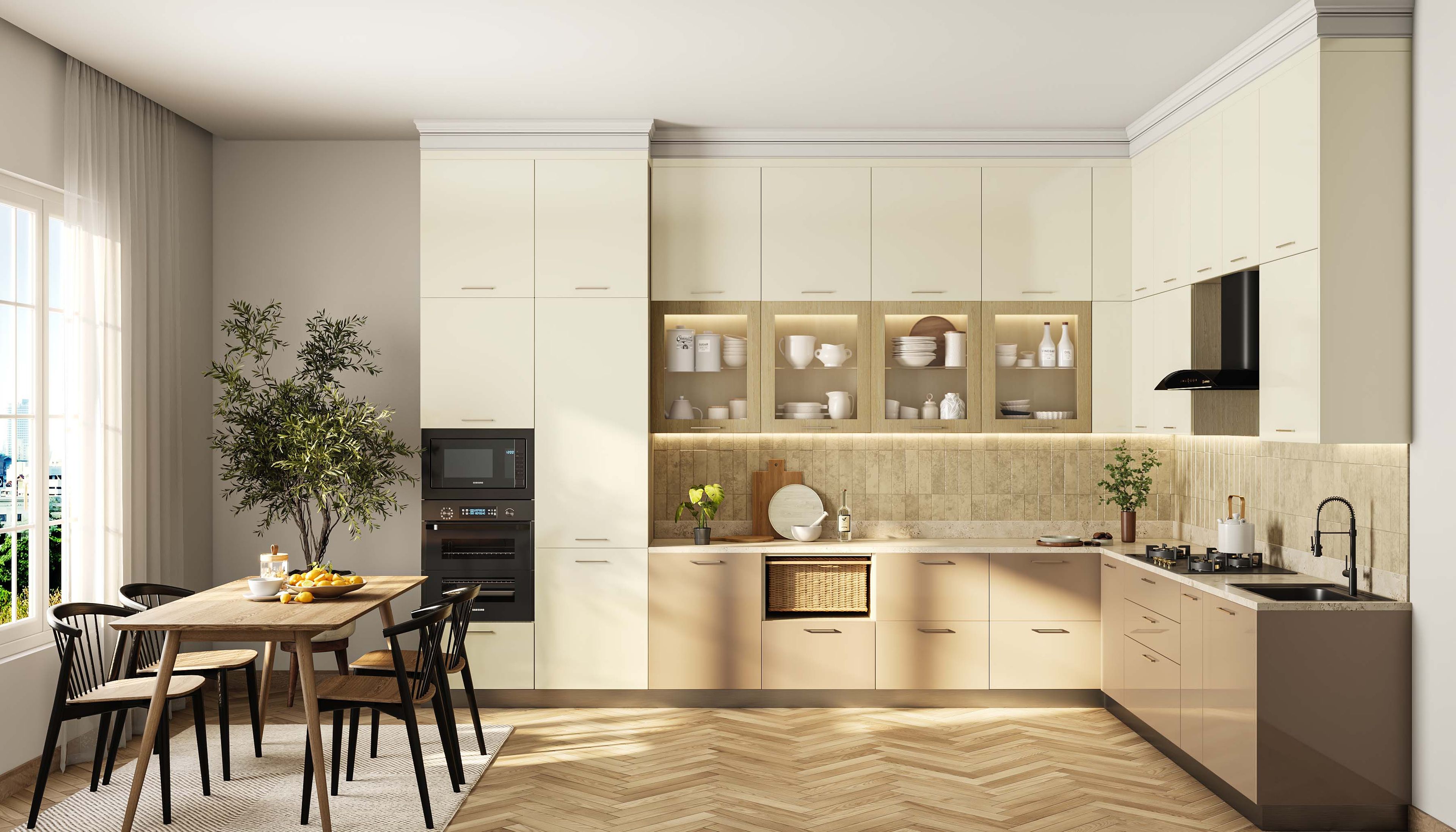 Contemporary L-Shaped Kitchen Design with Soft Palette and Glass Shelves