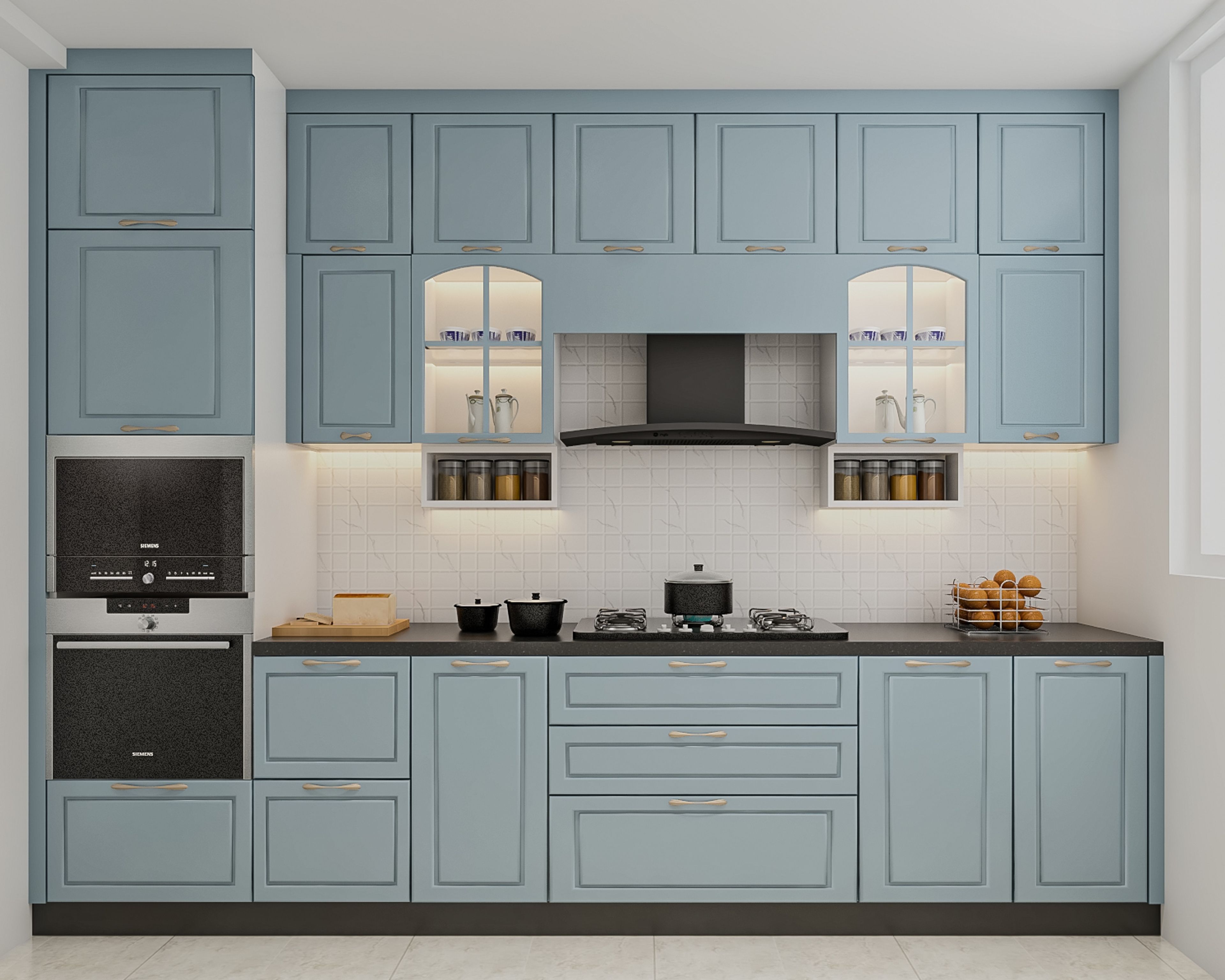 Traditional Parallel Kitchen Design in Denim Suedette With Matte Membrane Finish