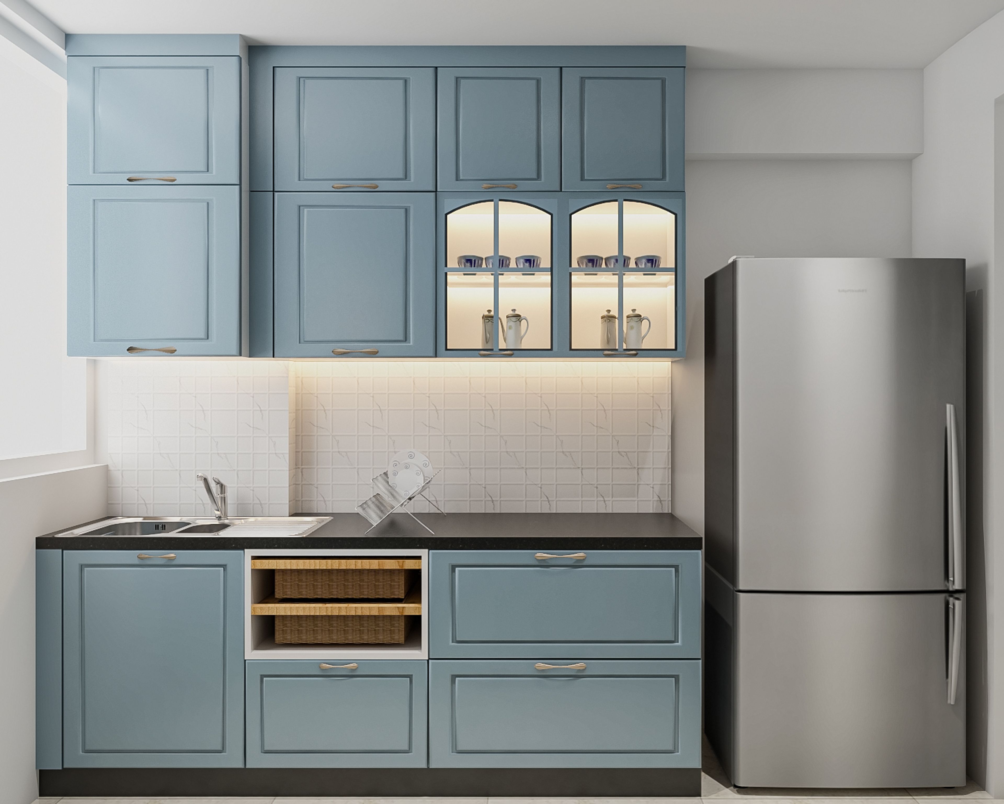 Parallel Kitchen Design in Denim Suedette With Matte Membrane Finish
