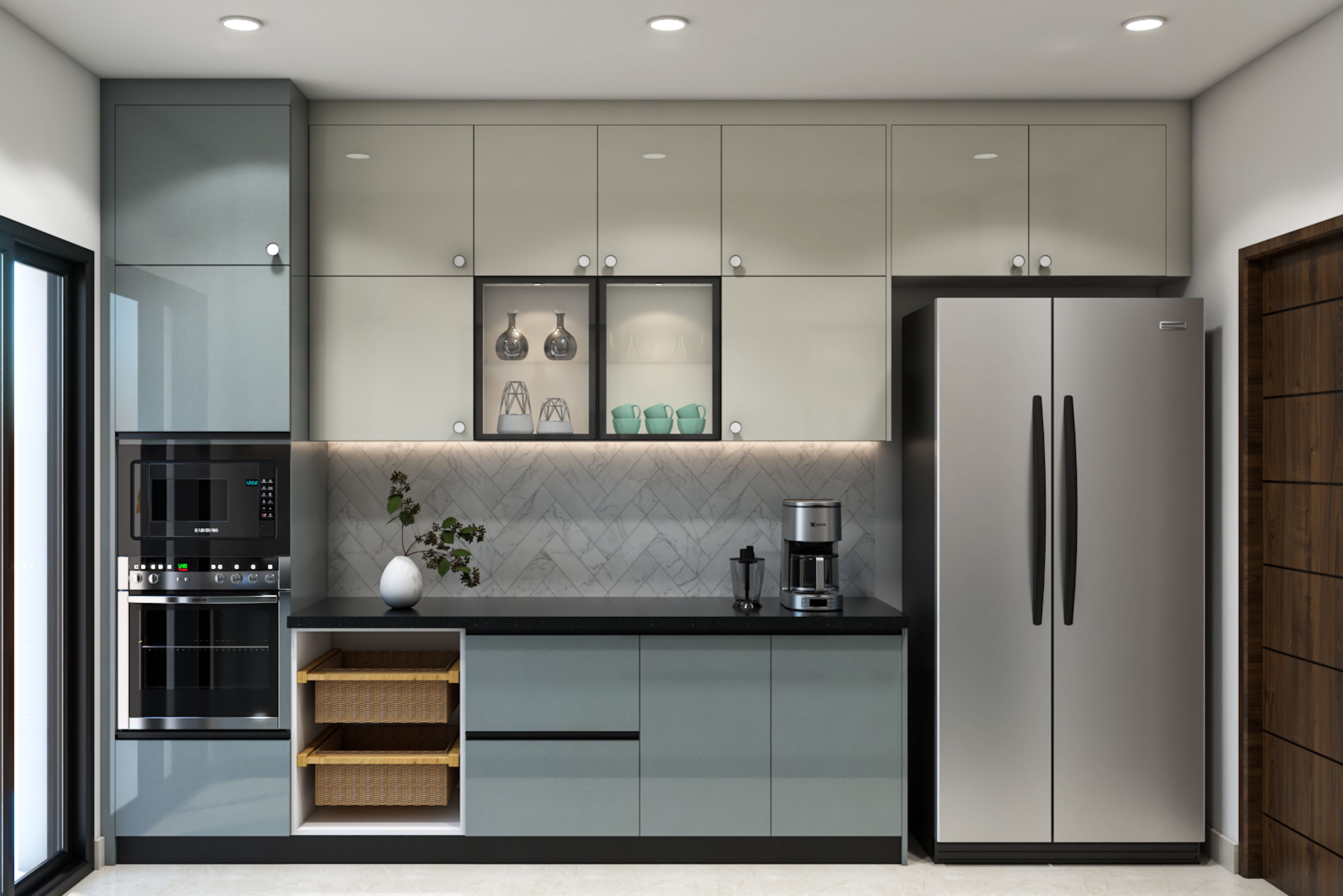 Parallel Kitchen Design With Glossy Cabinets in Silver Frost and Champagne