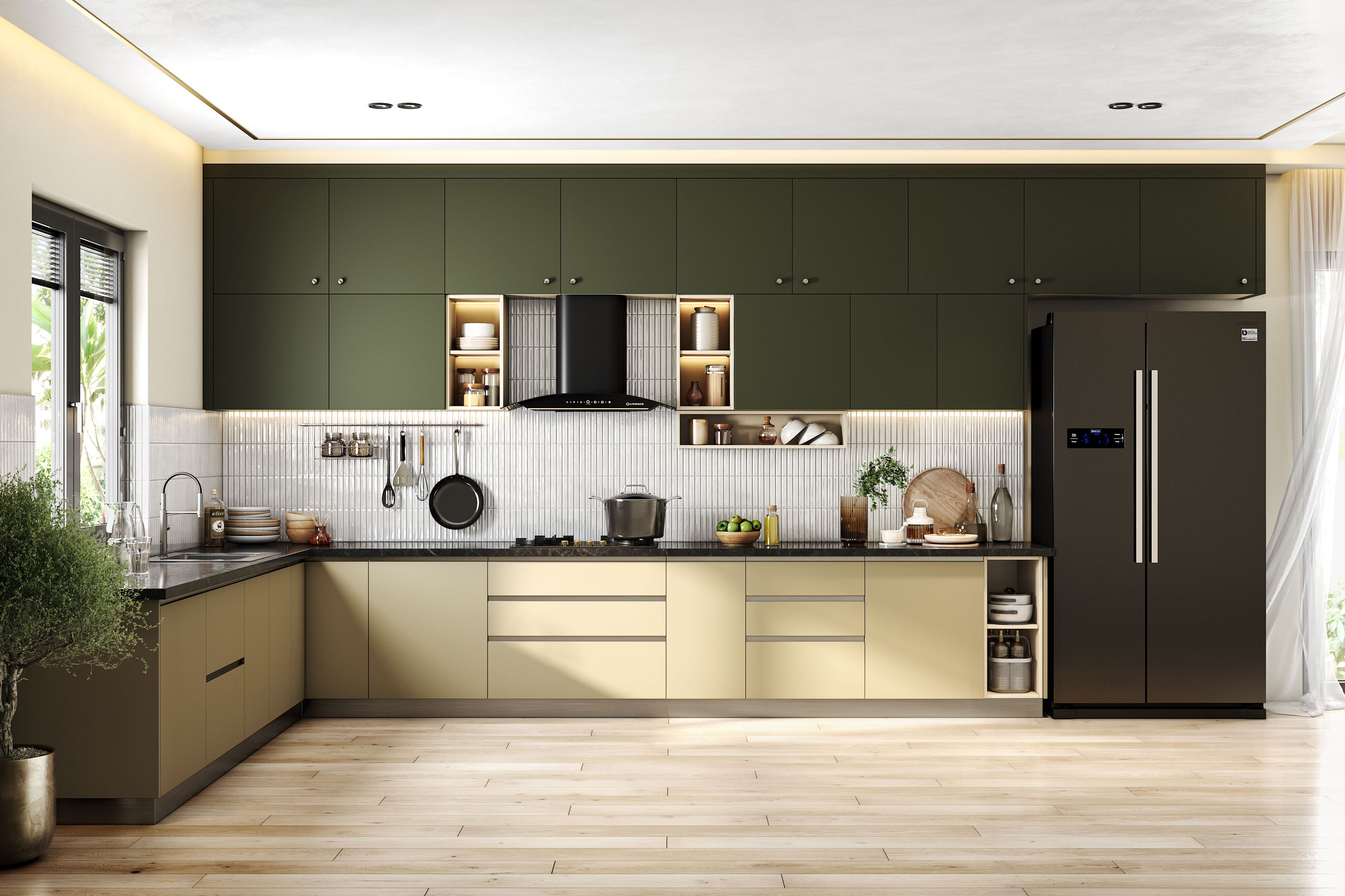 Earthy Toned Modern L-Shaped Kitchen Design with Warm Green Accents