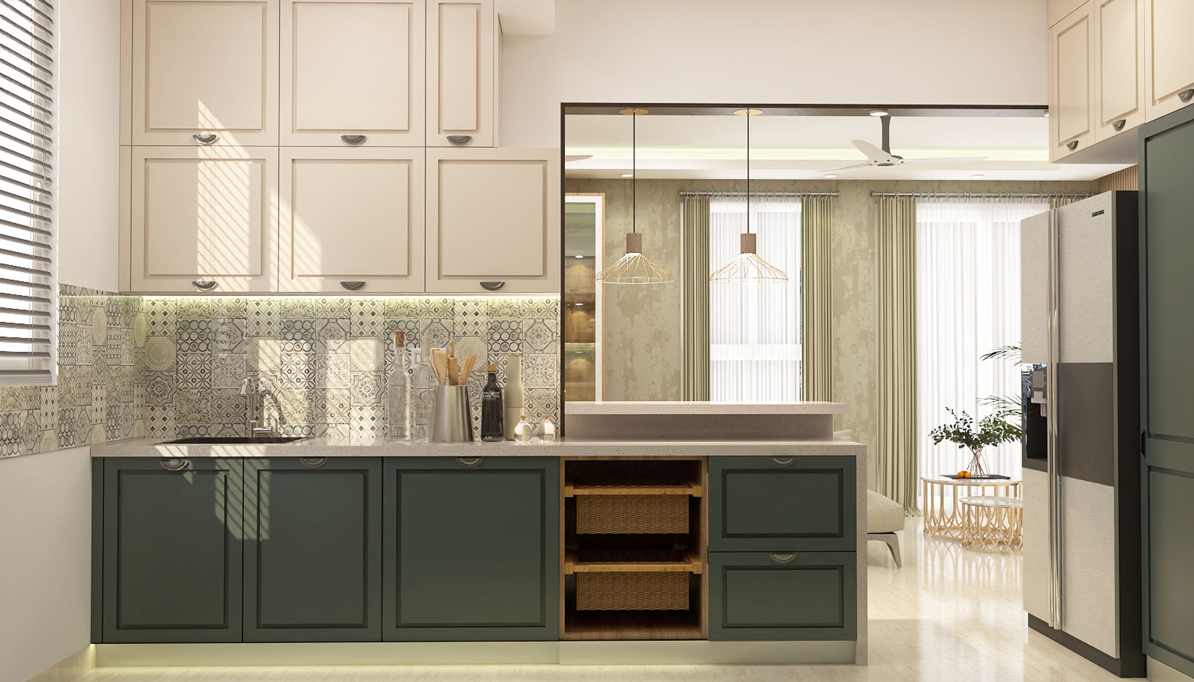L-Shaped Kitchen Design in Green and Cream With Quartz Countertop