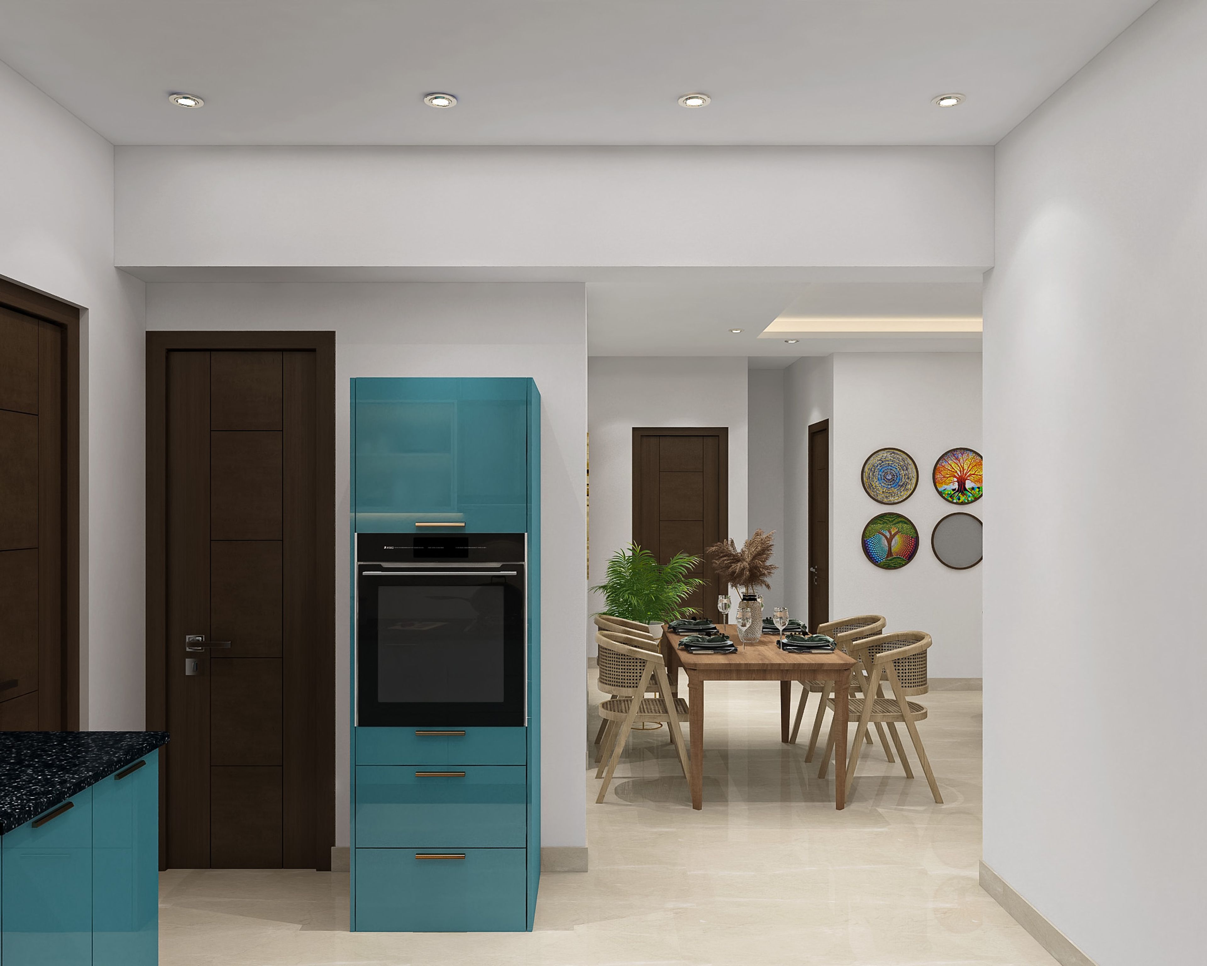 Teal Blue L-Shaped Kitchen Design with Glossy Cabinets