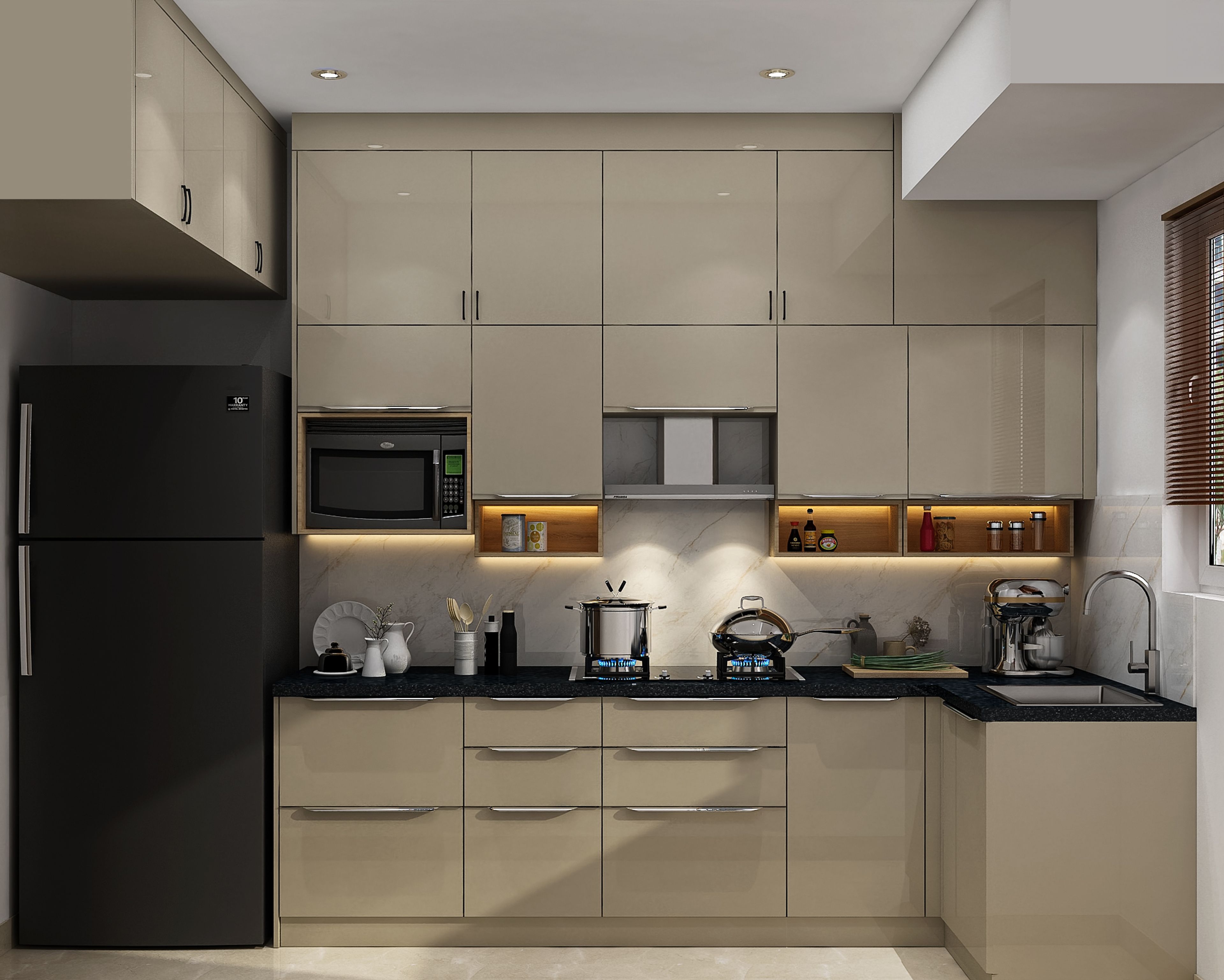 Contemporary L-Shaped Kitchen Design in Irish Cappuccino With PU Finish