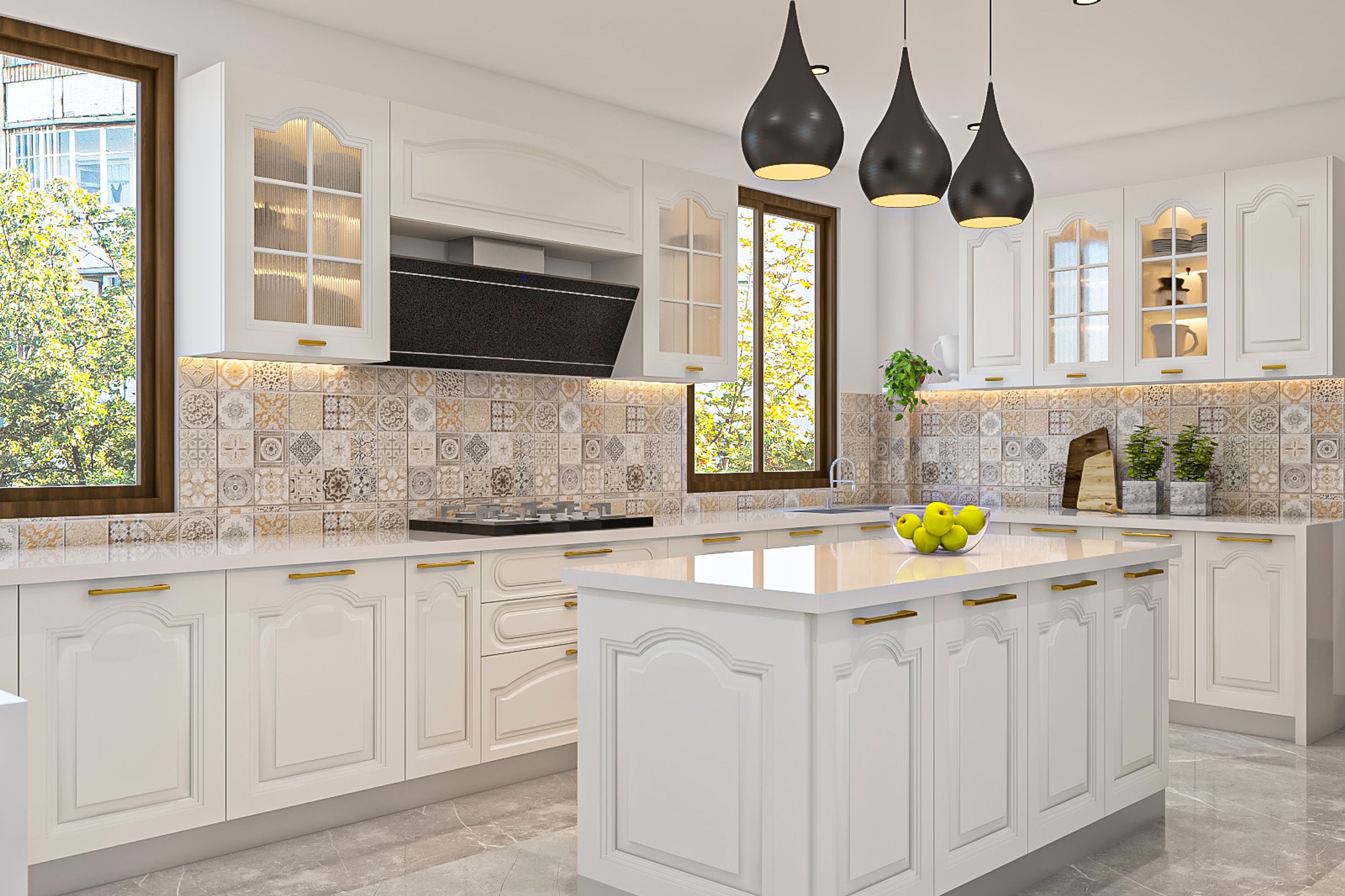 Classic Island Kitchen Design With Ornate White Cabinets and Marble Countertop