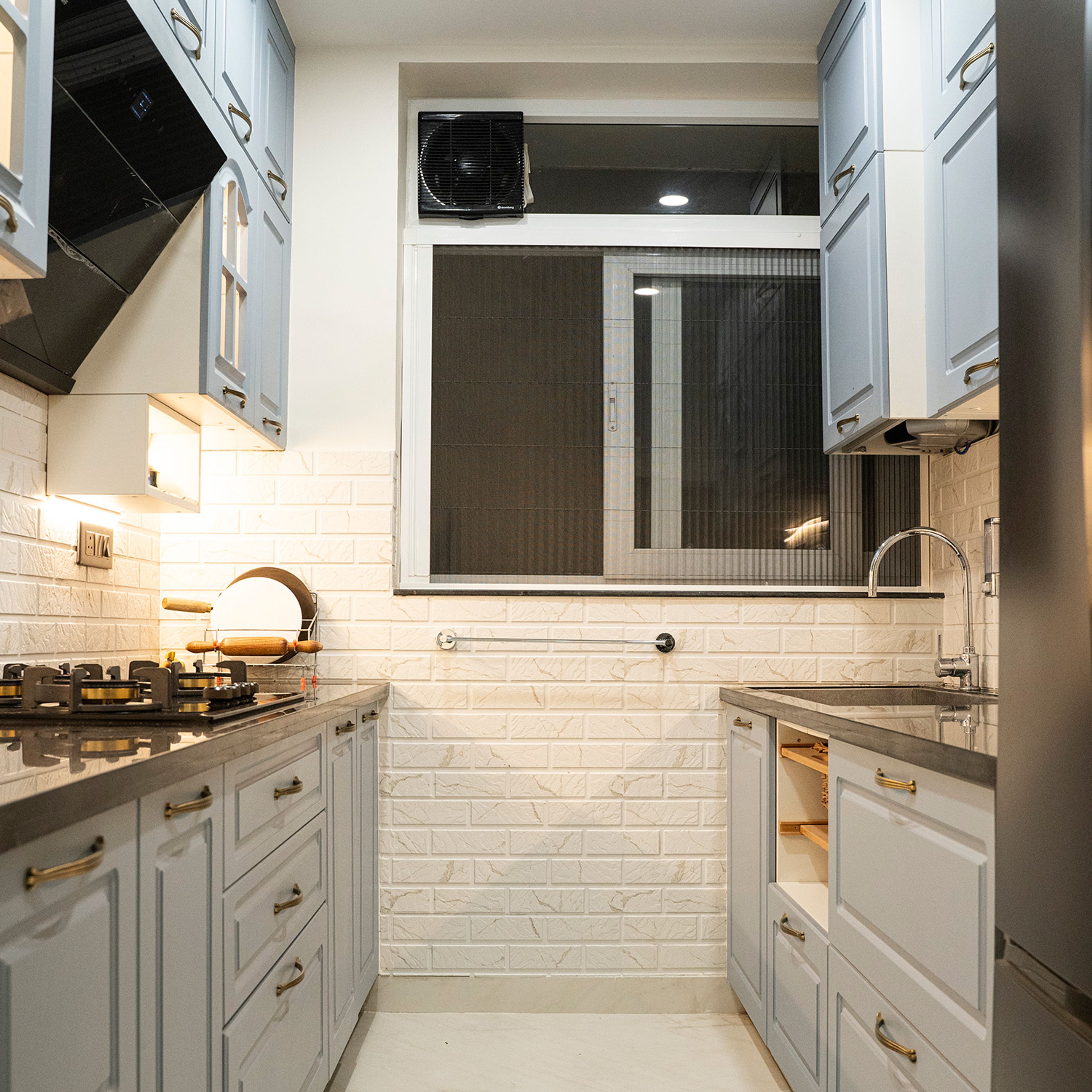 Parallel Kitchen Design with Denim Suedette Cabinets