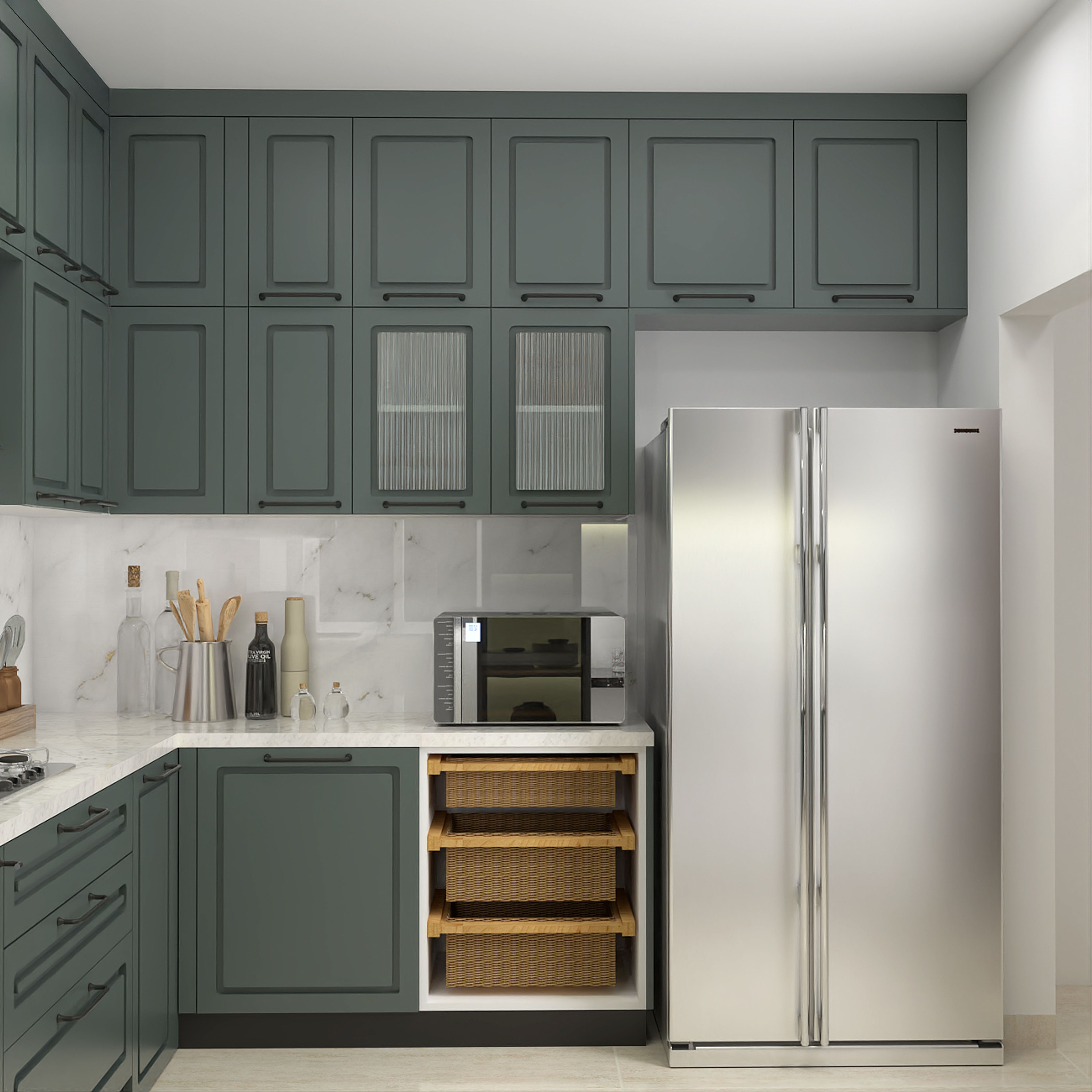 L-Shaped Kitchen Design in Matte Green With Quartz Countertop