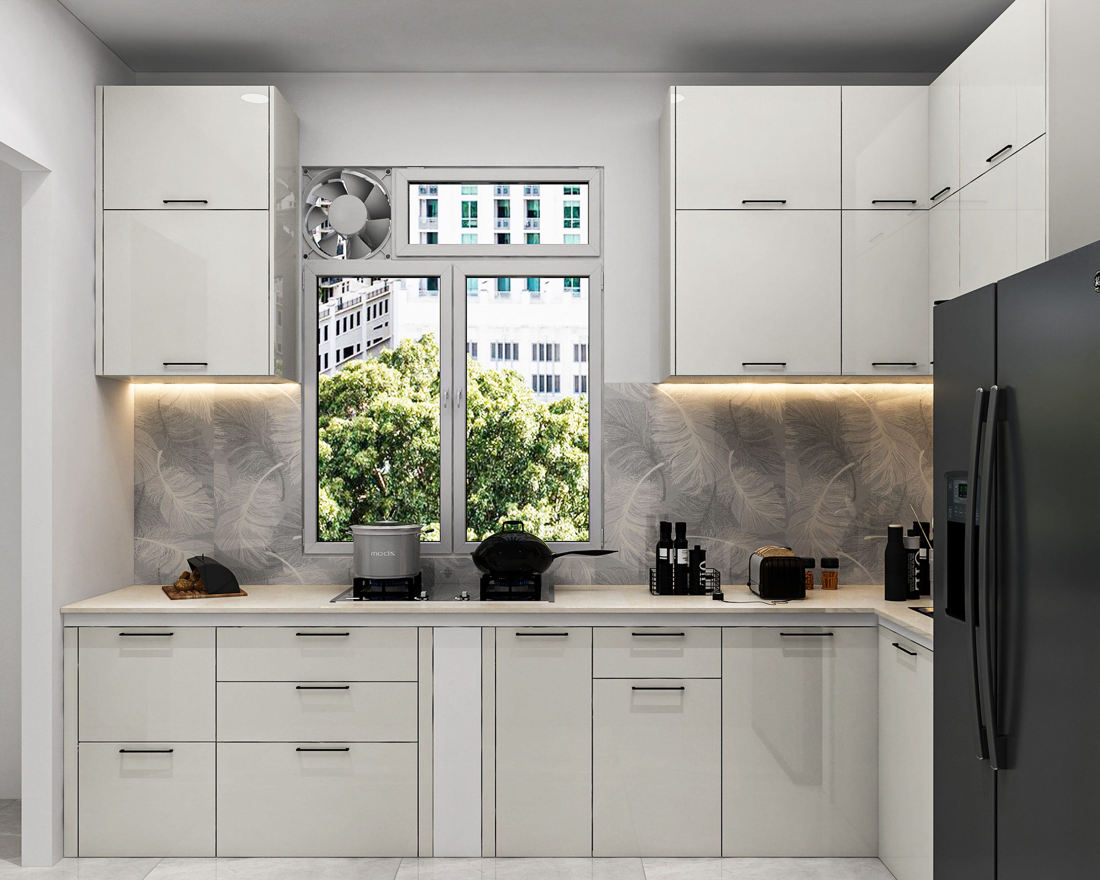 High-Gloss Contemporary L-Shaped Kitchen Design With Quartz Top