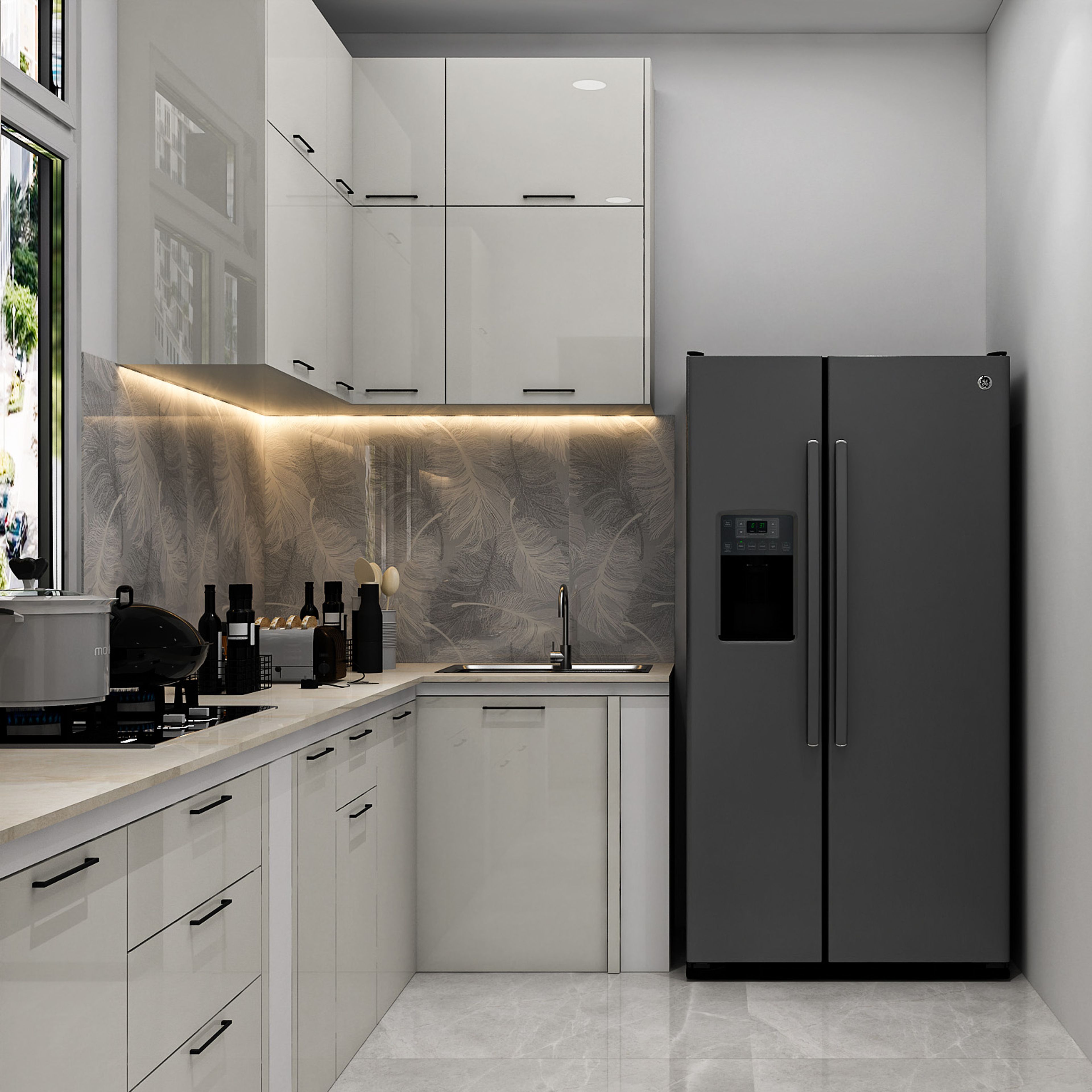 Champagne and White L-Shaped Kitchen Design With White Cabinets