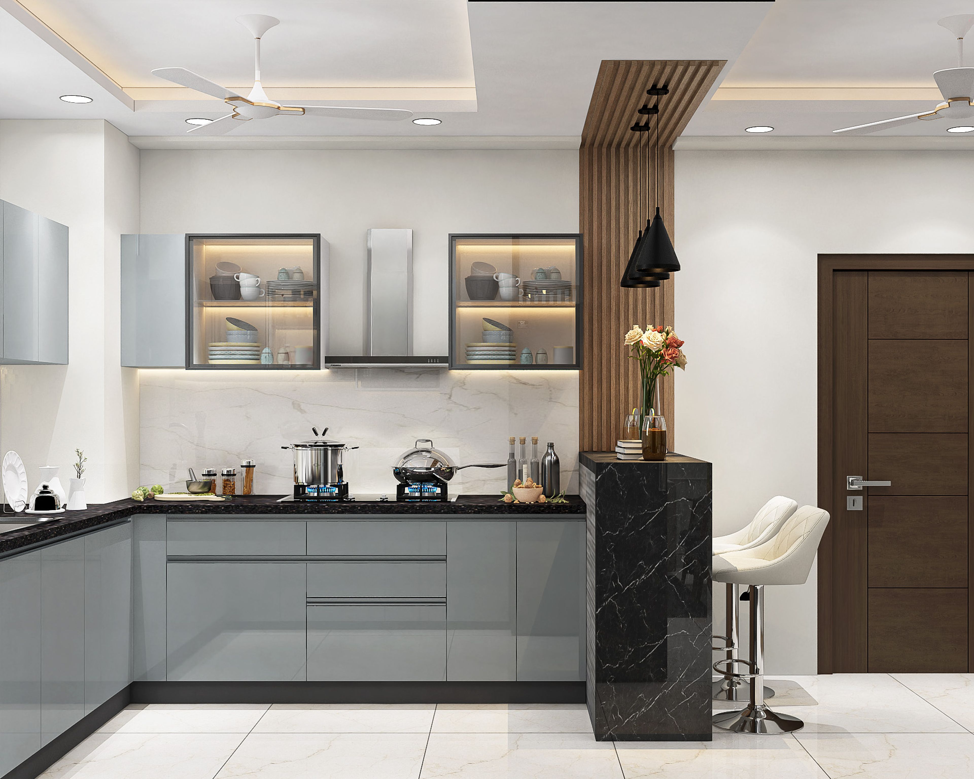 Silver Frost Gloss-Finish L-Shaped Kitchen Design With Granite Countertop and Glass Cabinets | Livspace