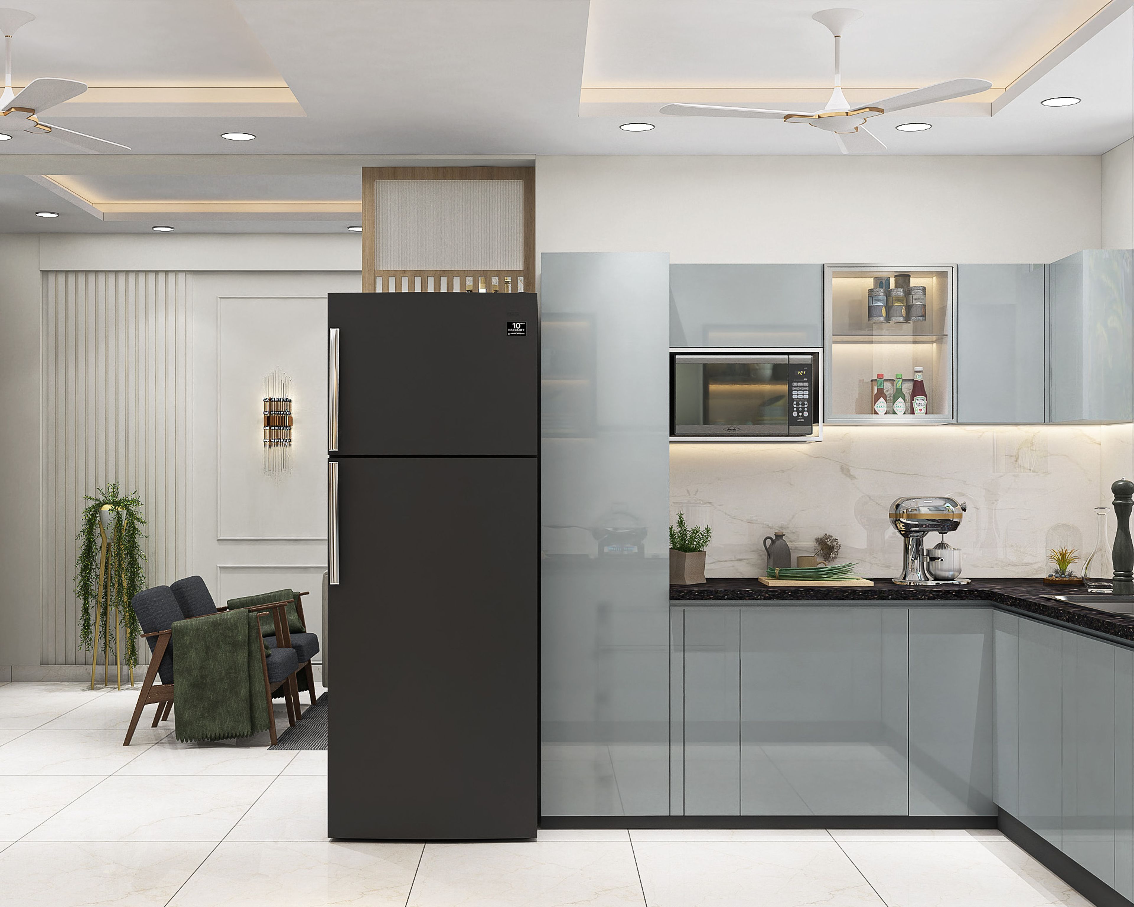 L-Shaped Kitchen Design with Glossy Cabinets and Granite Countertop