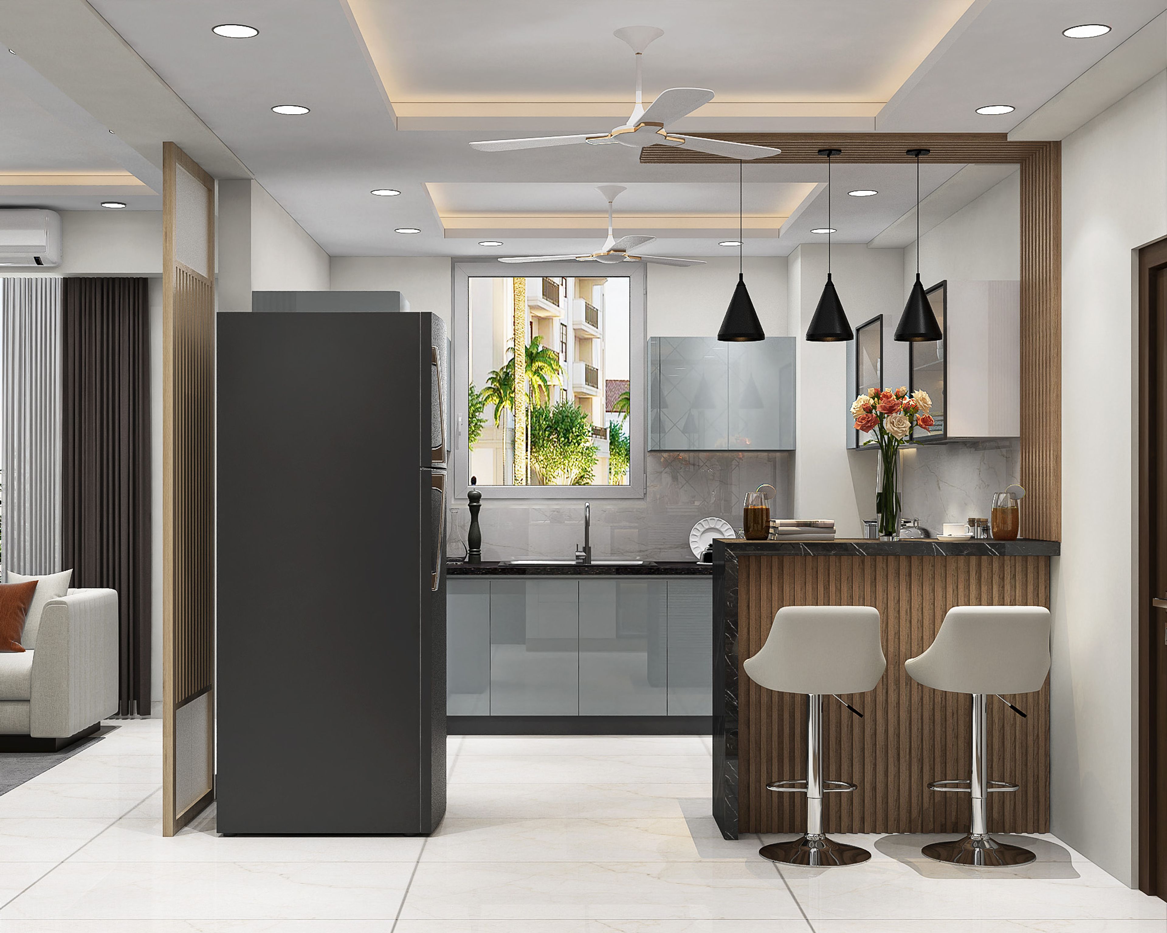 L-Shaped Kitchen Design with Glossy Cabinets and Granite Countertop