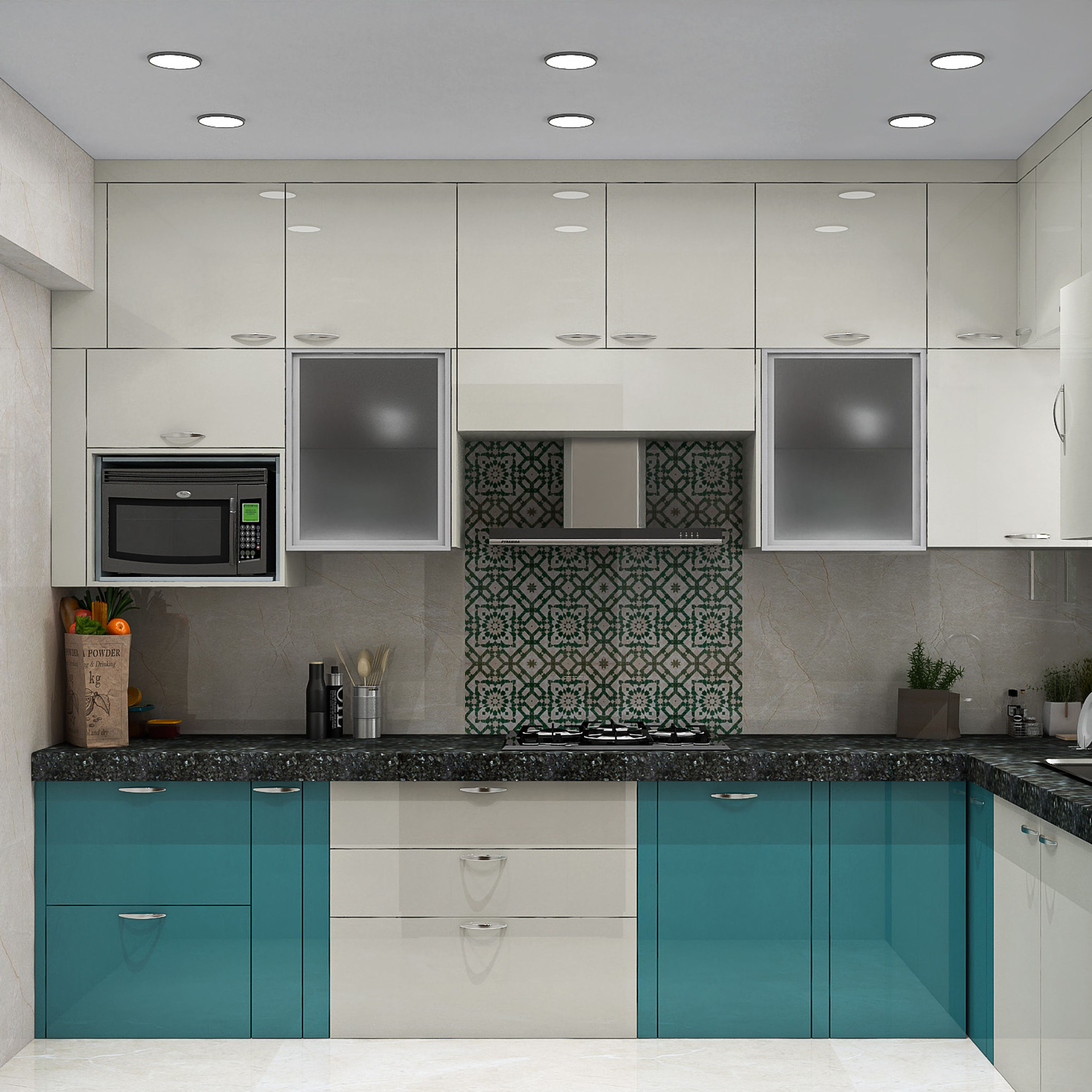 Glossy Teal and White L-Shaped Kitchen Design
