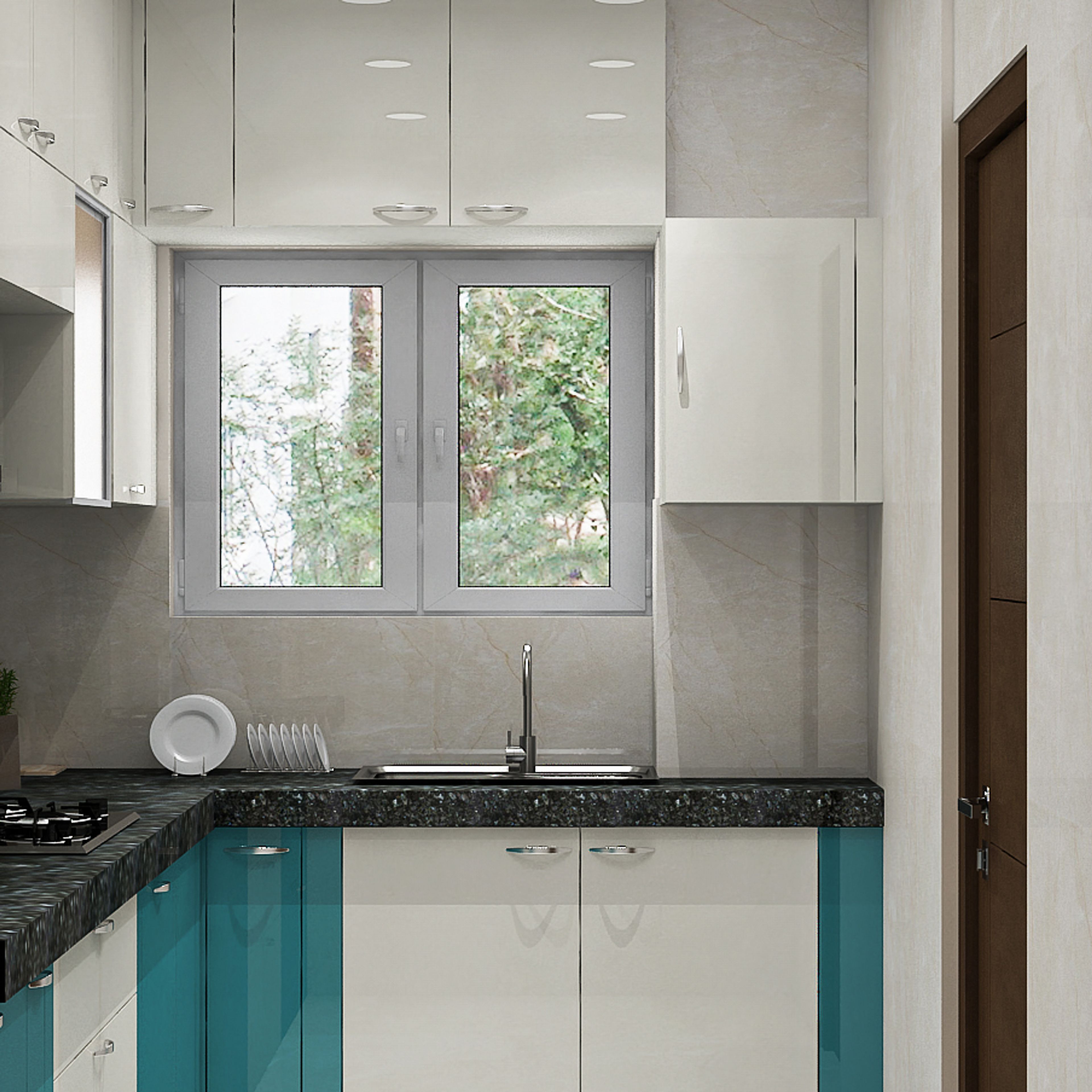 Glossy Teal and White L-Shaped Kitchen Design