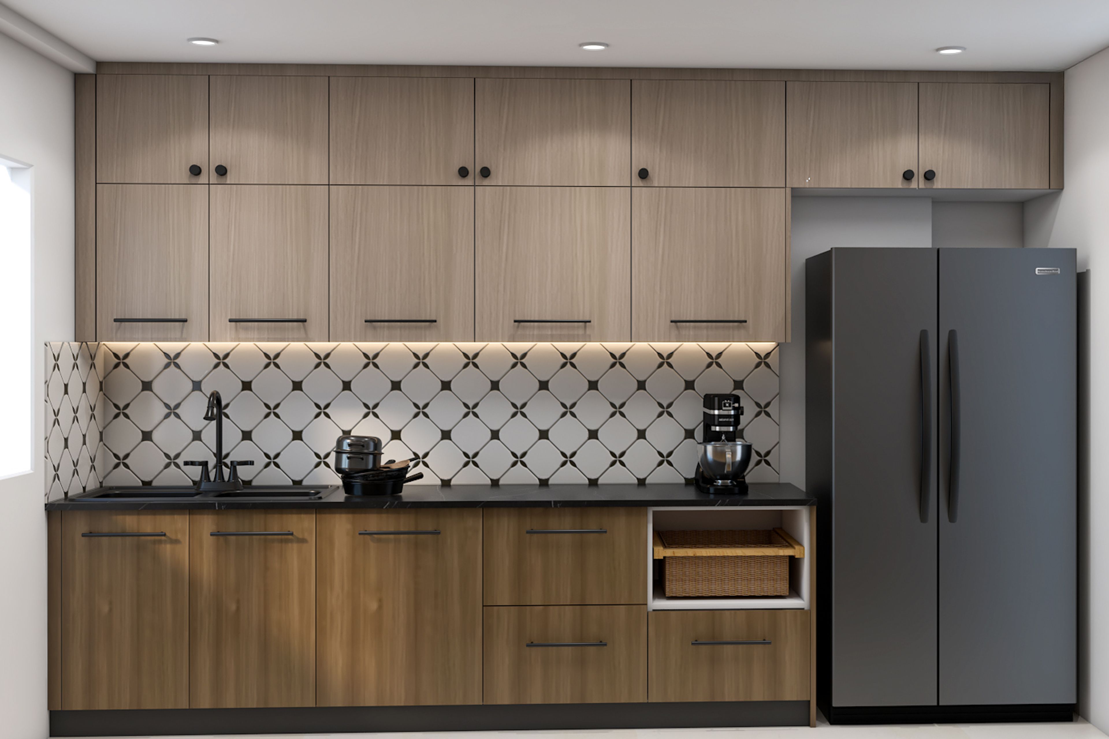 Parallel Kitchen Design With Walnut Finish and Glass Cabinets