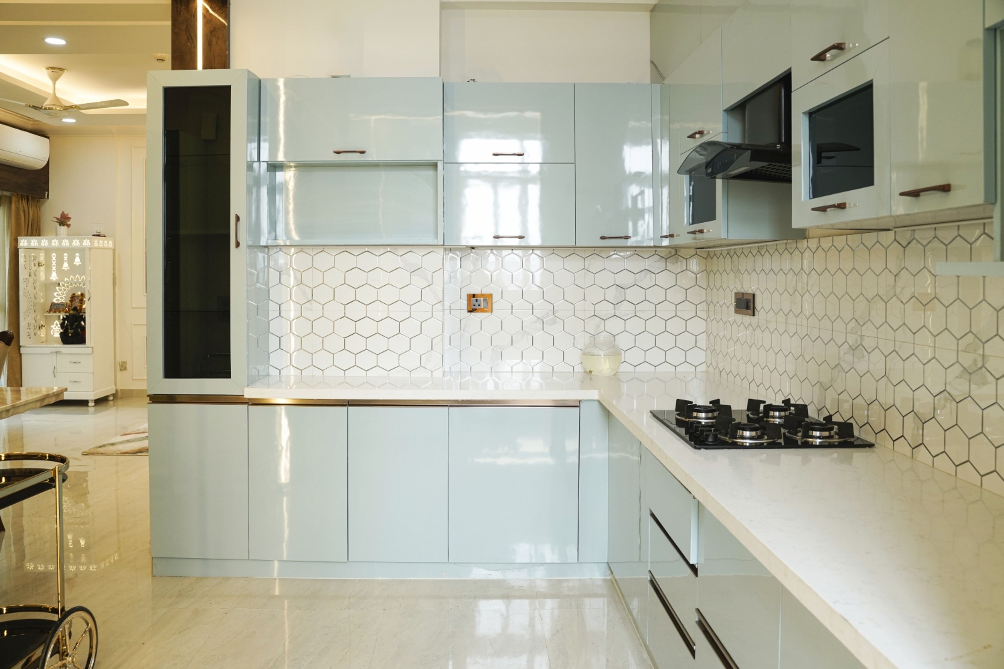 Blue Classic L-Shaped Kitchen Design with Glossy Acrylic Finish