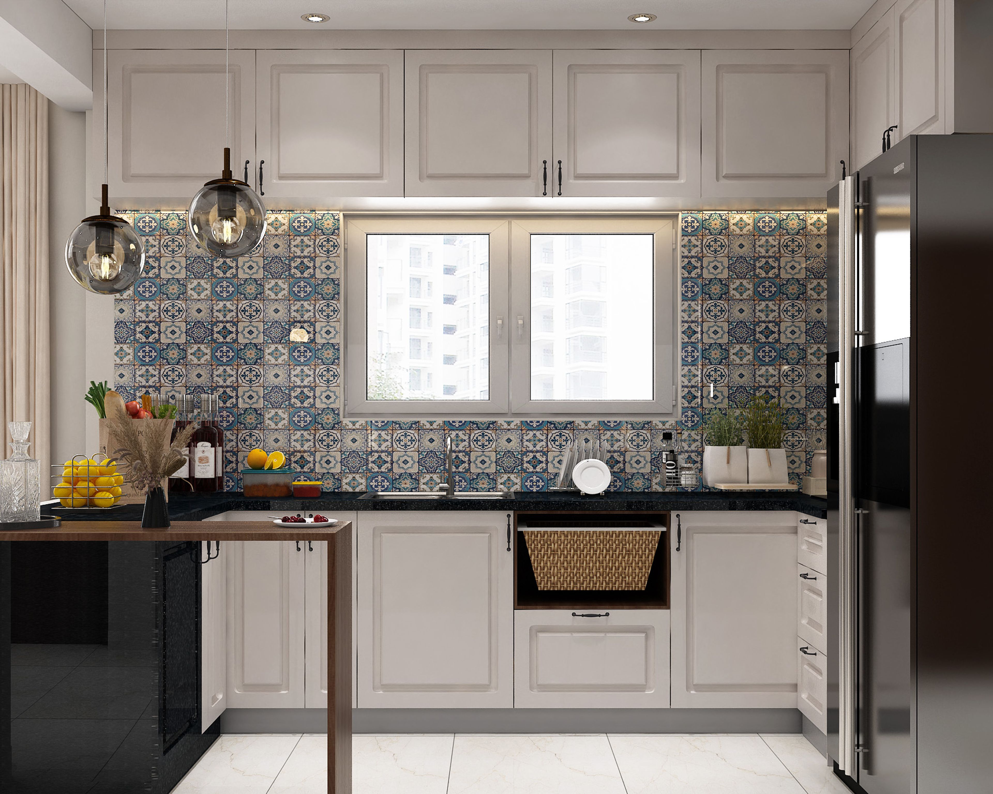 Classic Off-White Kitchen Design with L-Shaped Layout with Peninsula