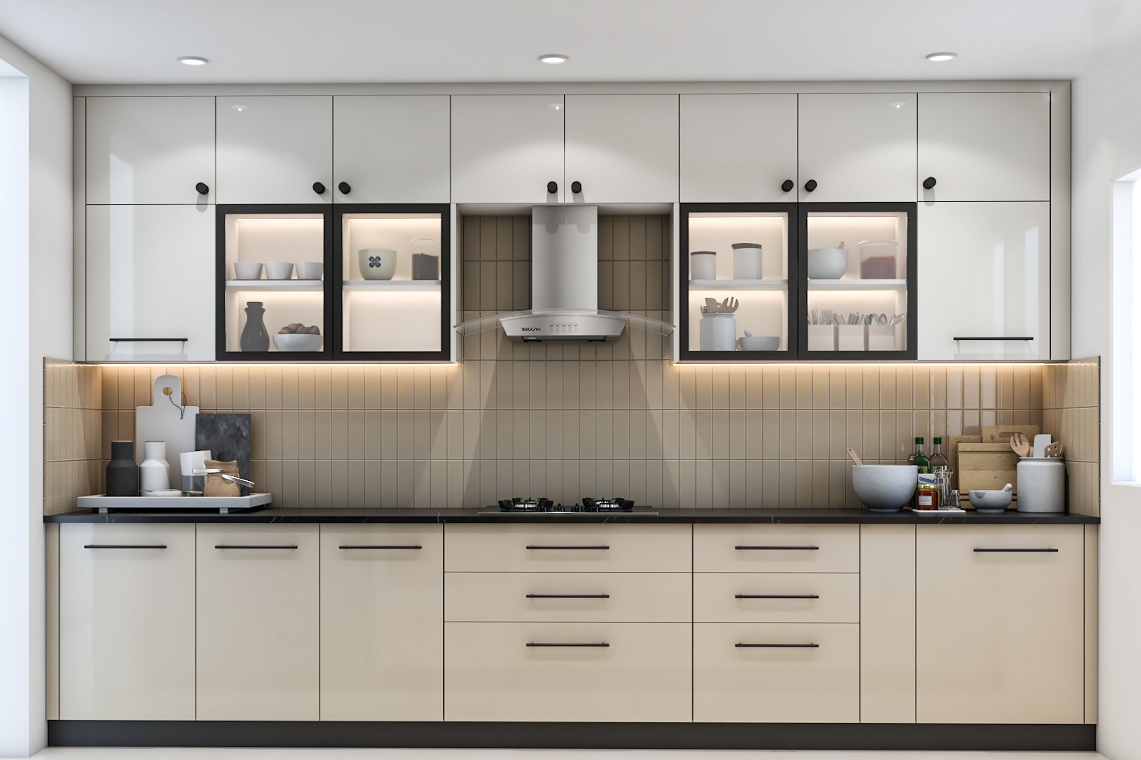 Modern Parallel Kitchen Design with Glass Cabinets and LED Accents