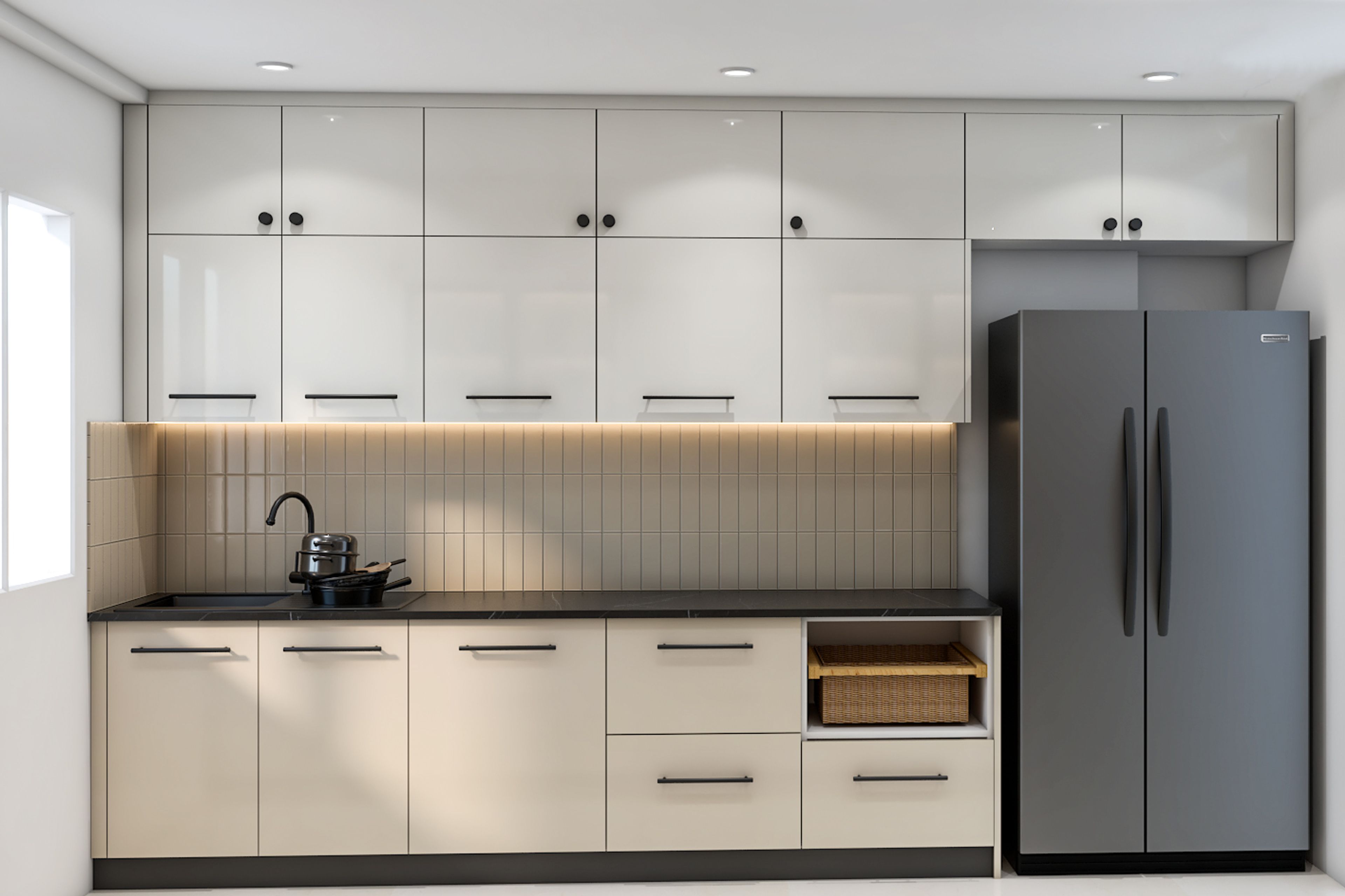 Parallel Kitchen Design with Glass Cabinets and LED Accents