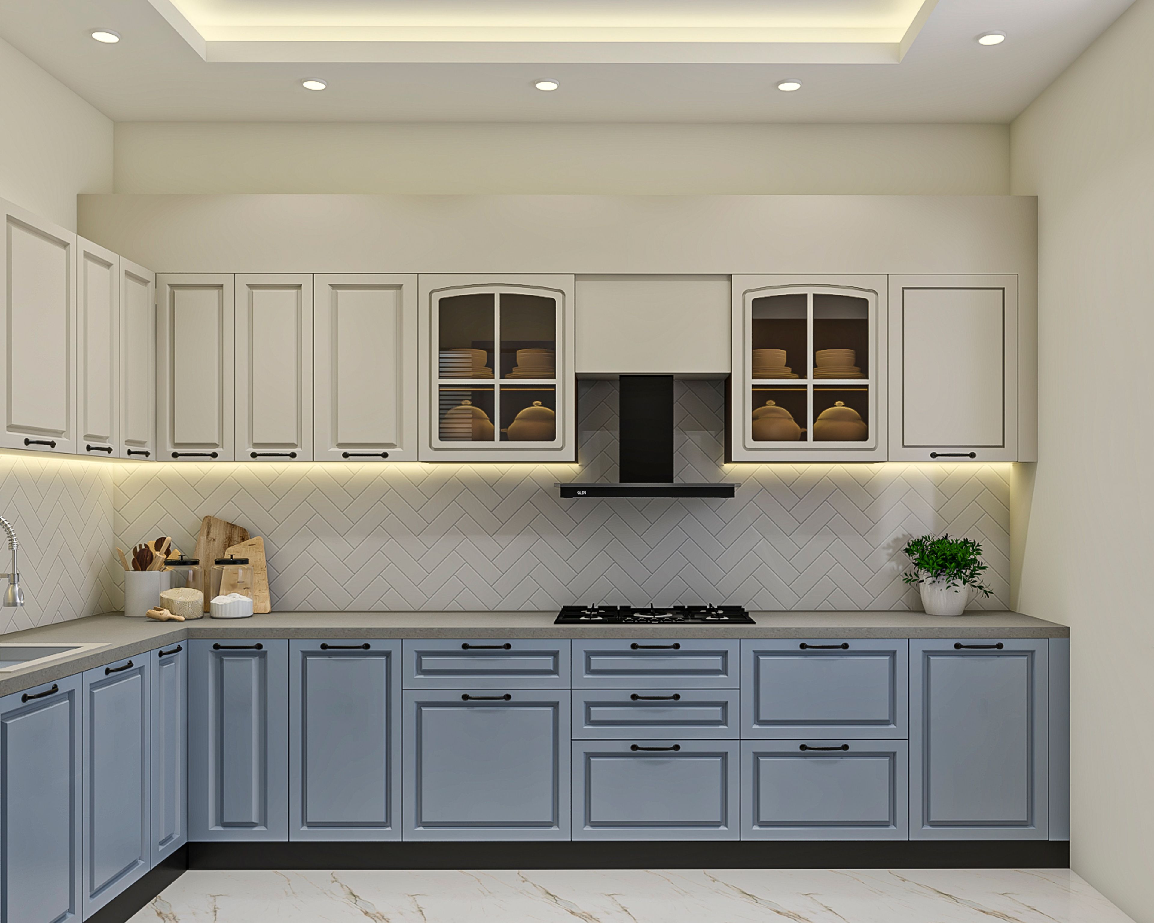 Blue and White Classic U-Shaped Kitchen Design