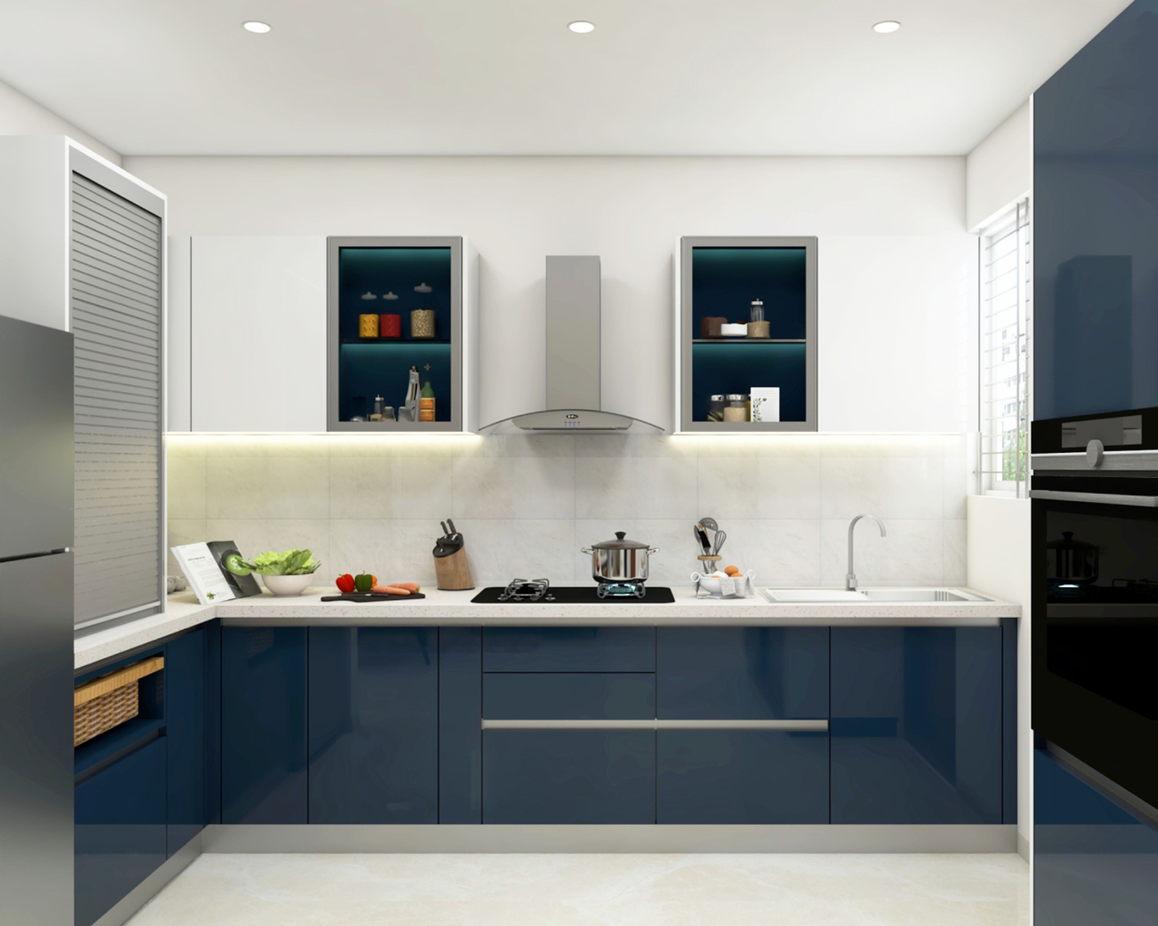 L-Shaped Kitchen Design with Blue and White Finish
