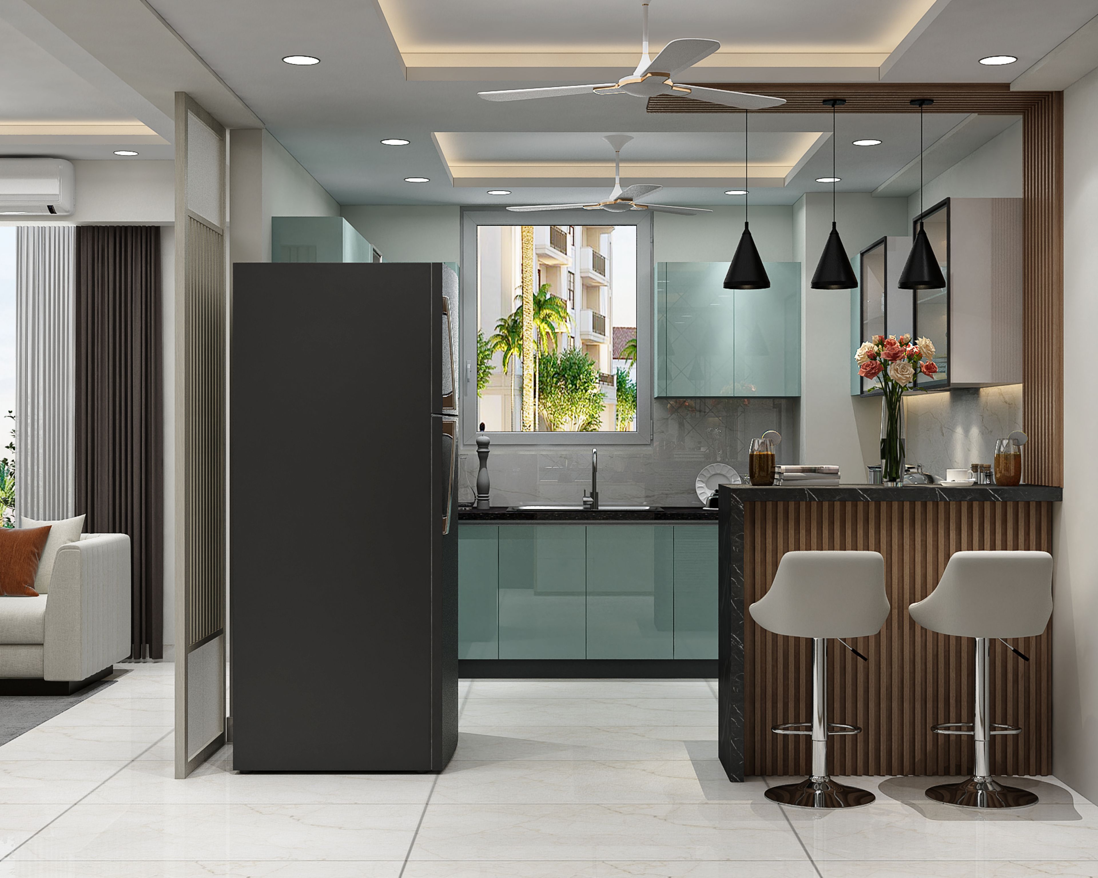 Metallic Blue U-Shaped Kitchen Design With Seating and Granite Countertop