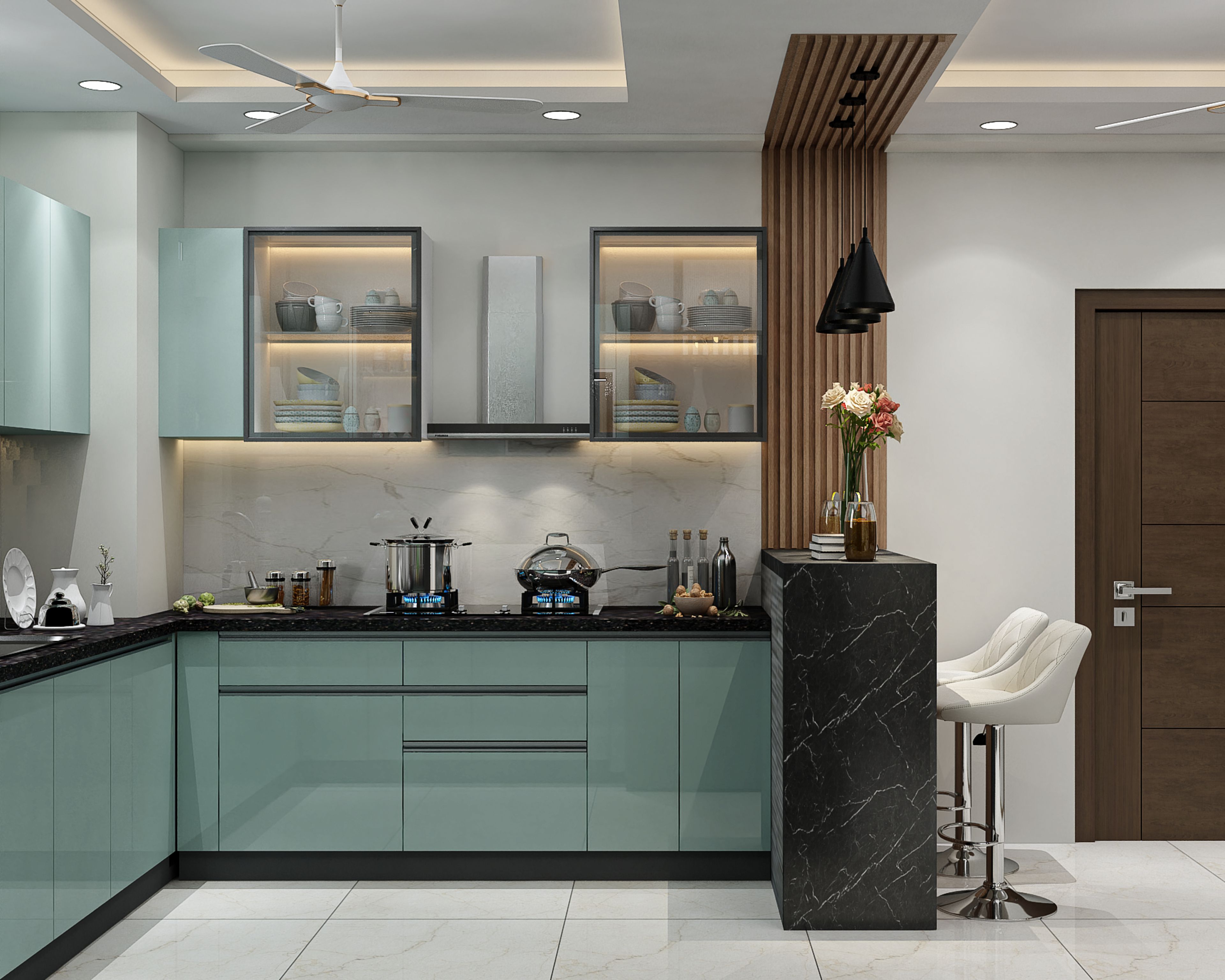 Metallic Blue Modern U-Shaped Kitchen Design With Seating and Granite Countertop